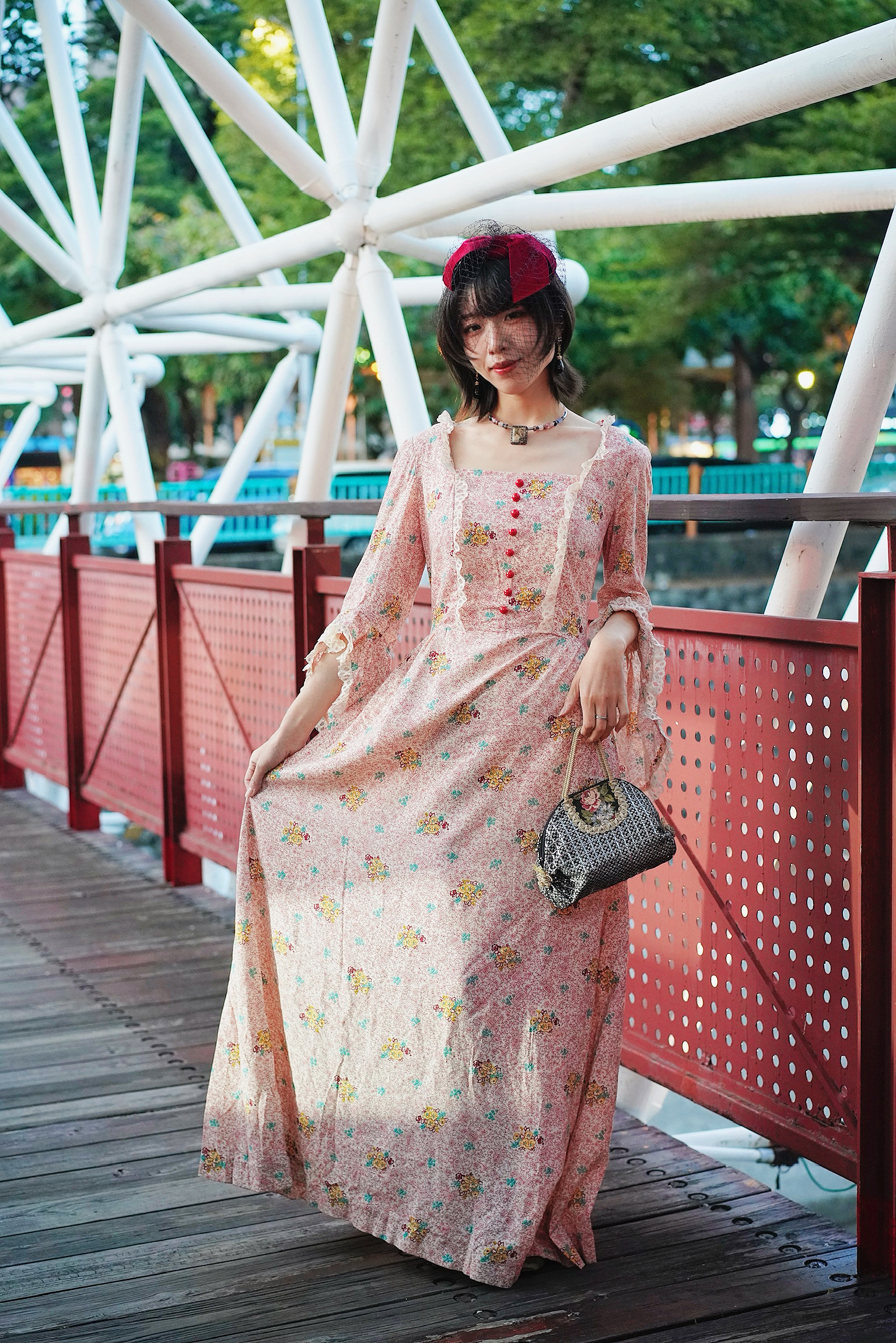 Vintage Dress/粉色方領天使袖禮服