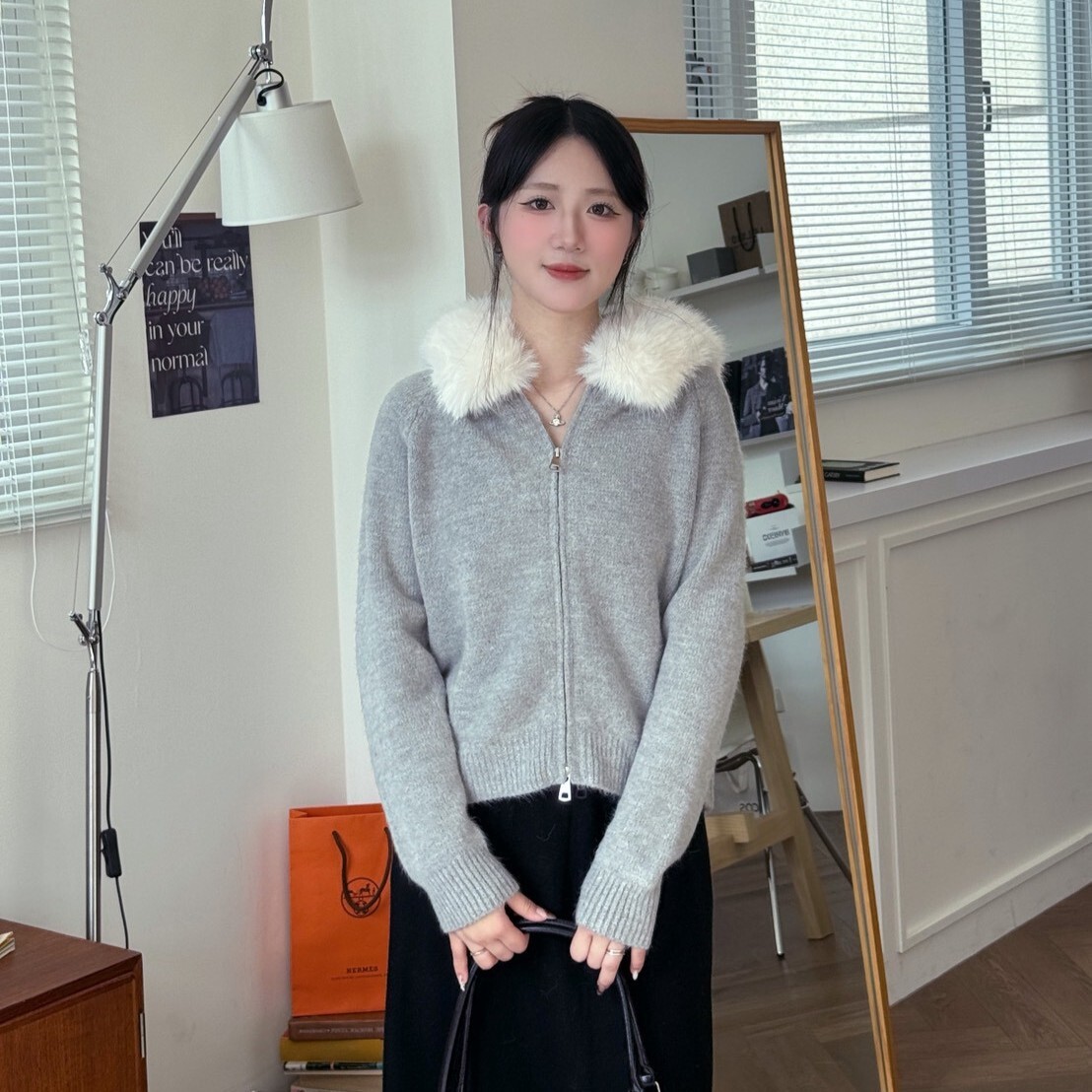 雙向溫語 雙拉鍊針織連帽毛毛外套