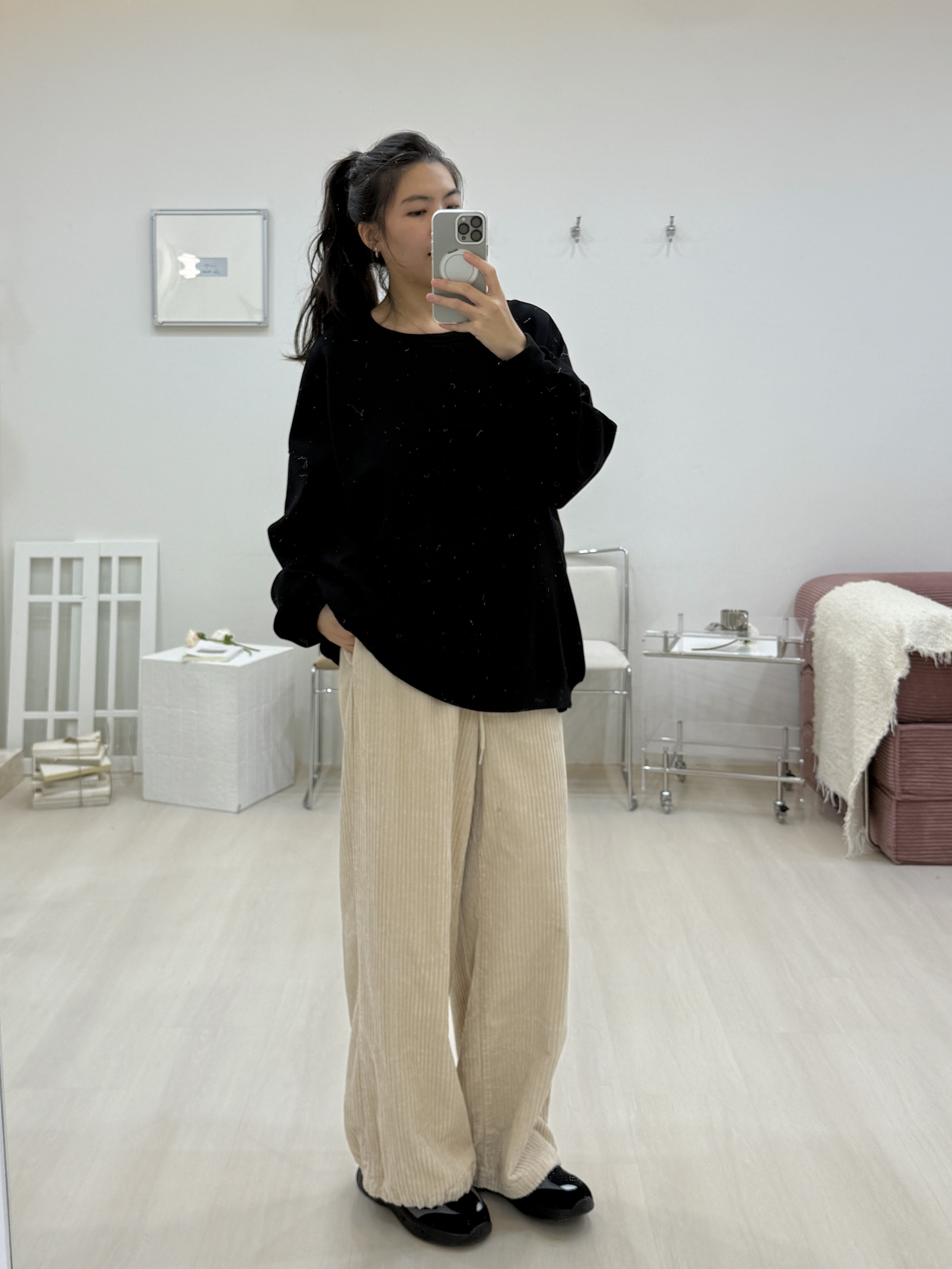 燈芯絨可縮褲口寬直筒褲