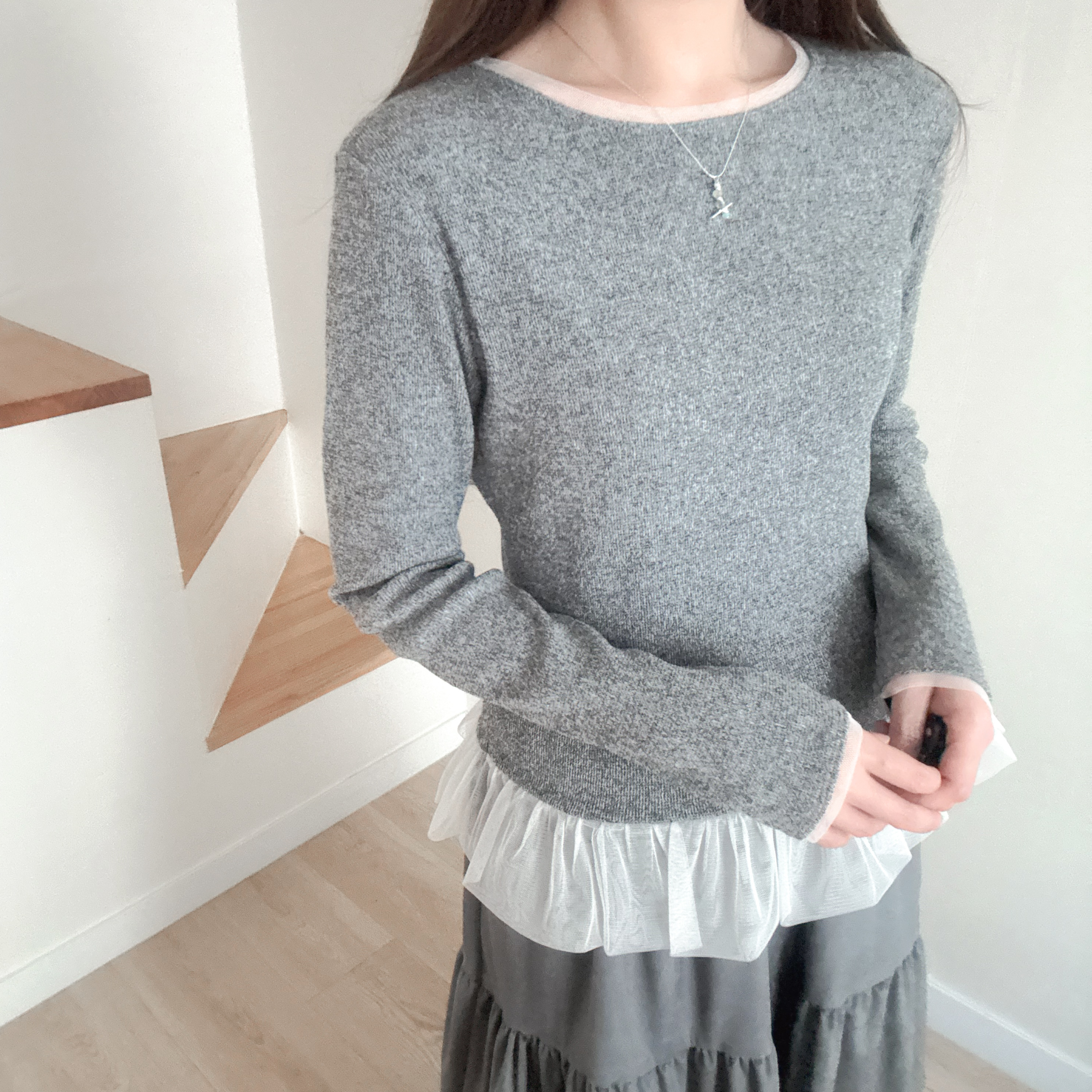 網紗拼接圓領Ruffles-top