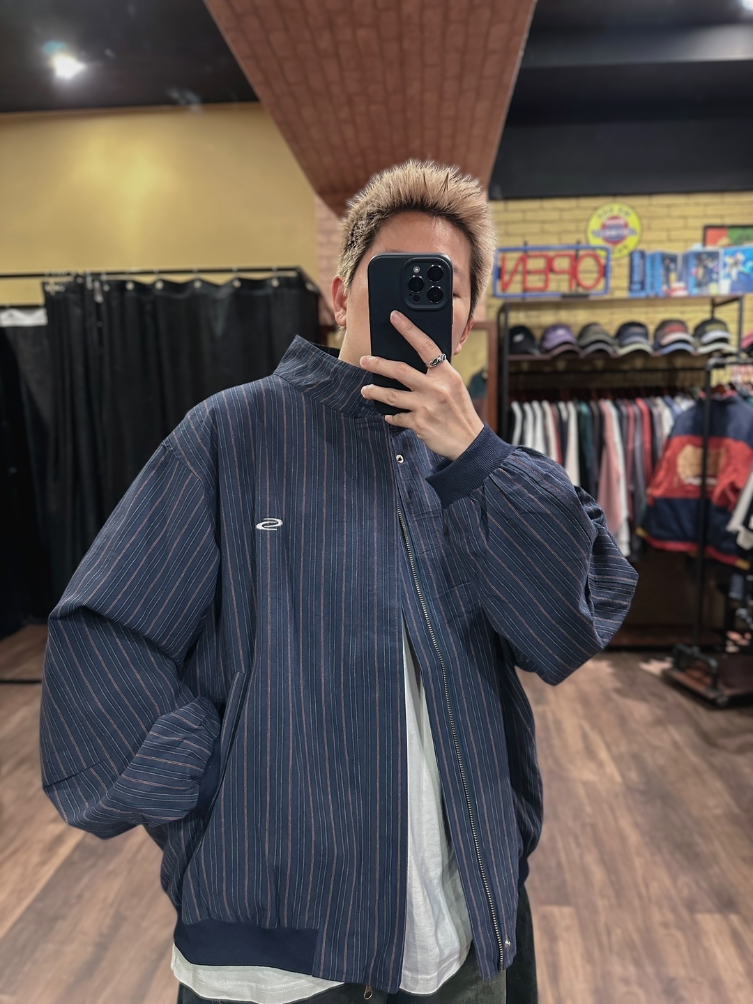 Metro條紋立領哈靈頓外套