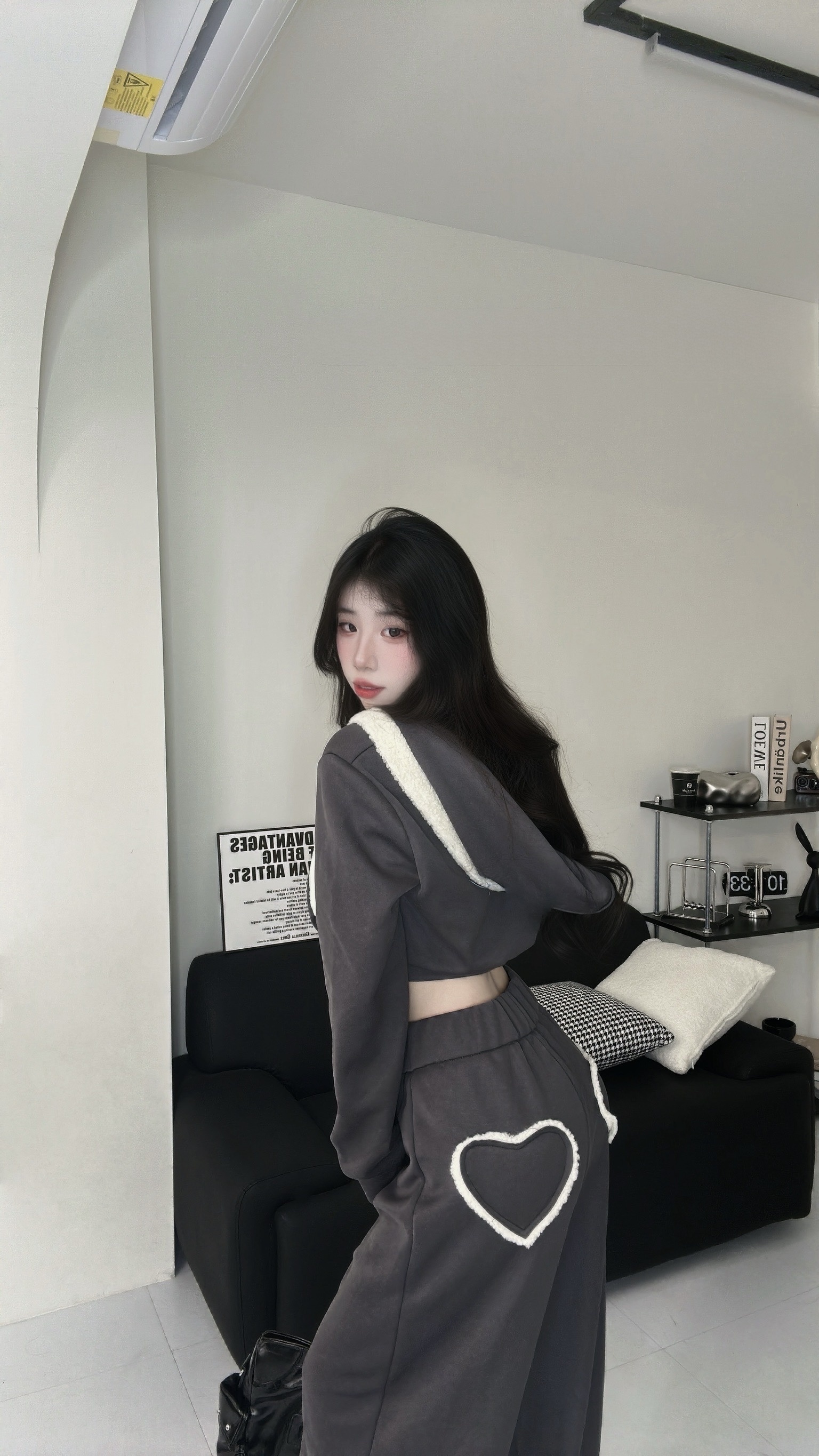 🇹🇼拼接羊羔毛雙拉鏈連帽外套＋愛心彈性鬆緊寬褲Set