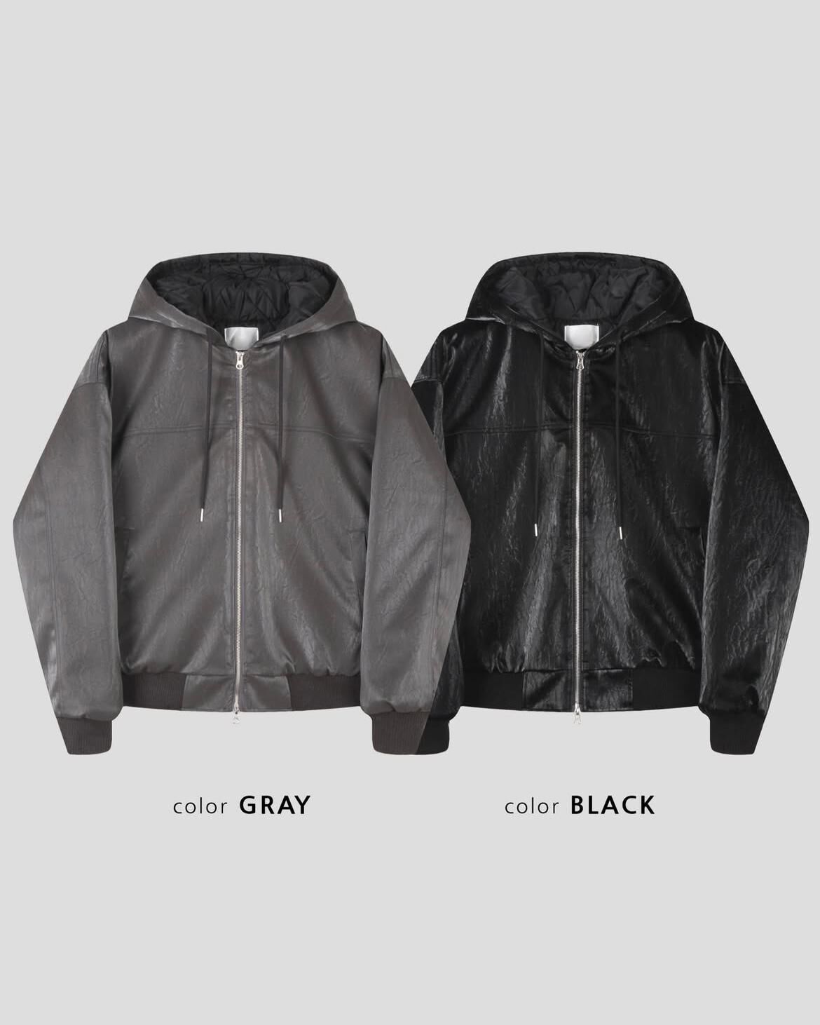 淨色連帽拉鍊合成皮褸 Tac-0347JK