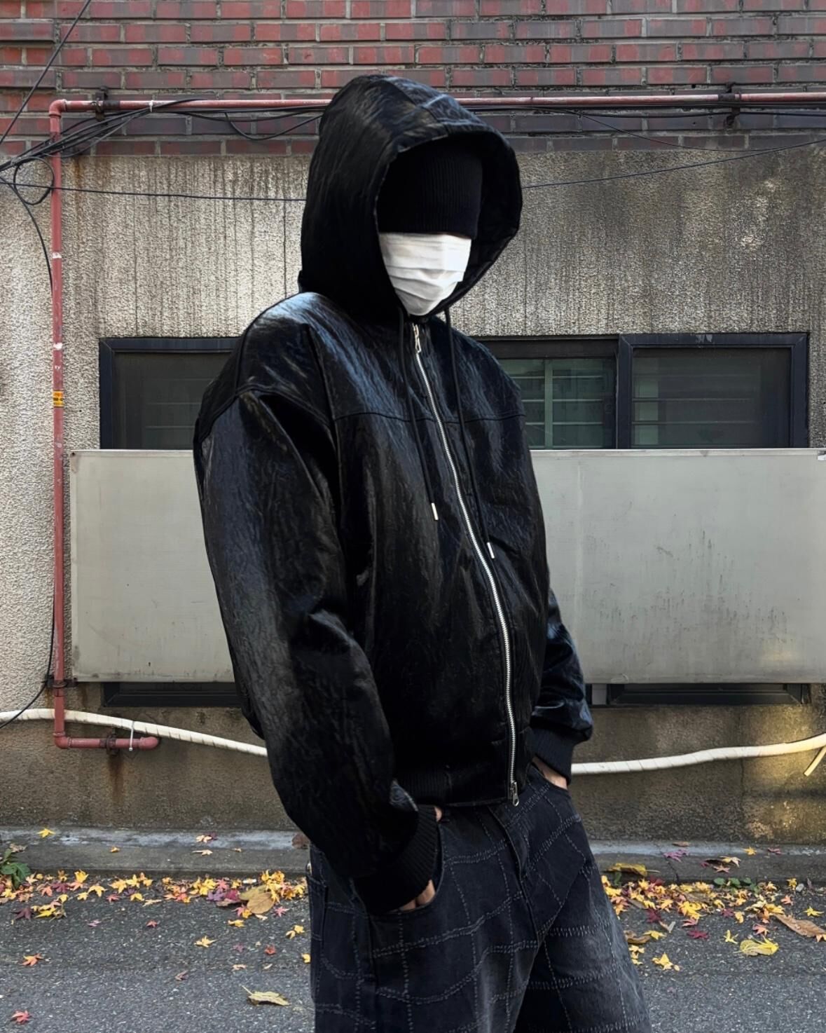 淨色連帽拉鍊合成皮褸 Tac-0347JK