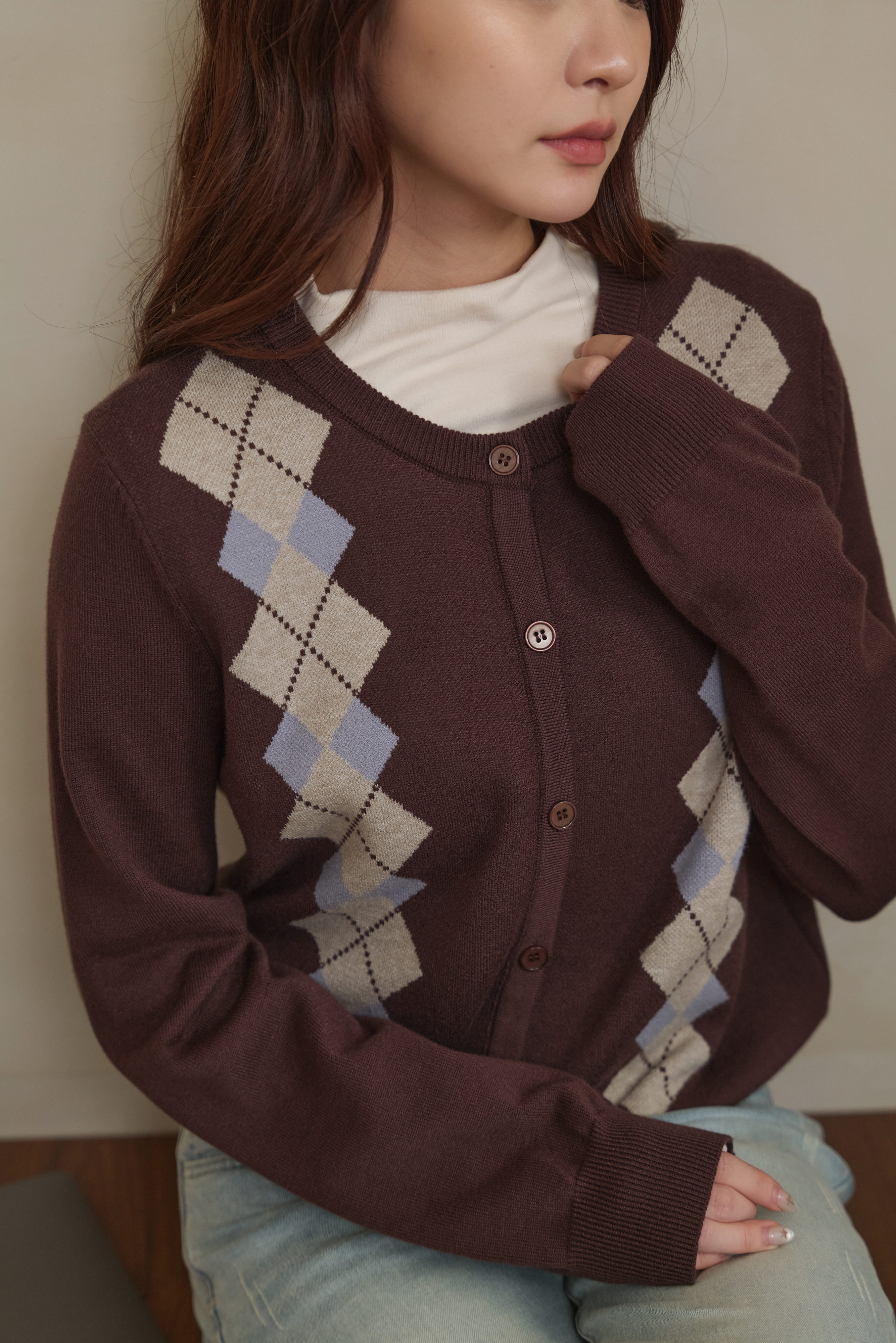 Gmade/英倫拼色菱格針織開襟外套-暖咖霧藍