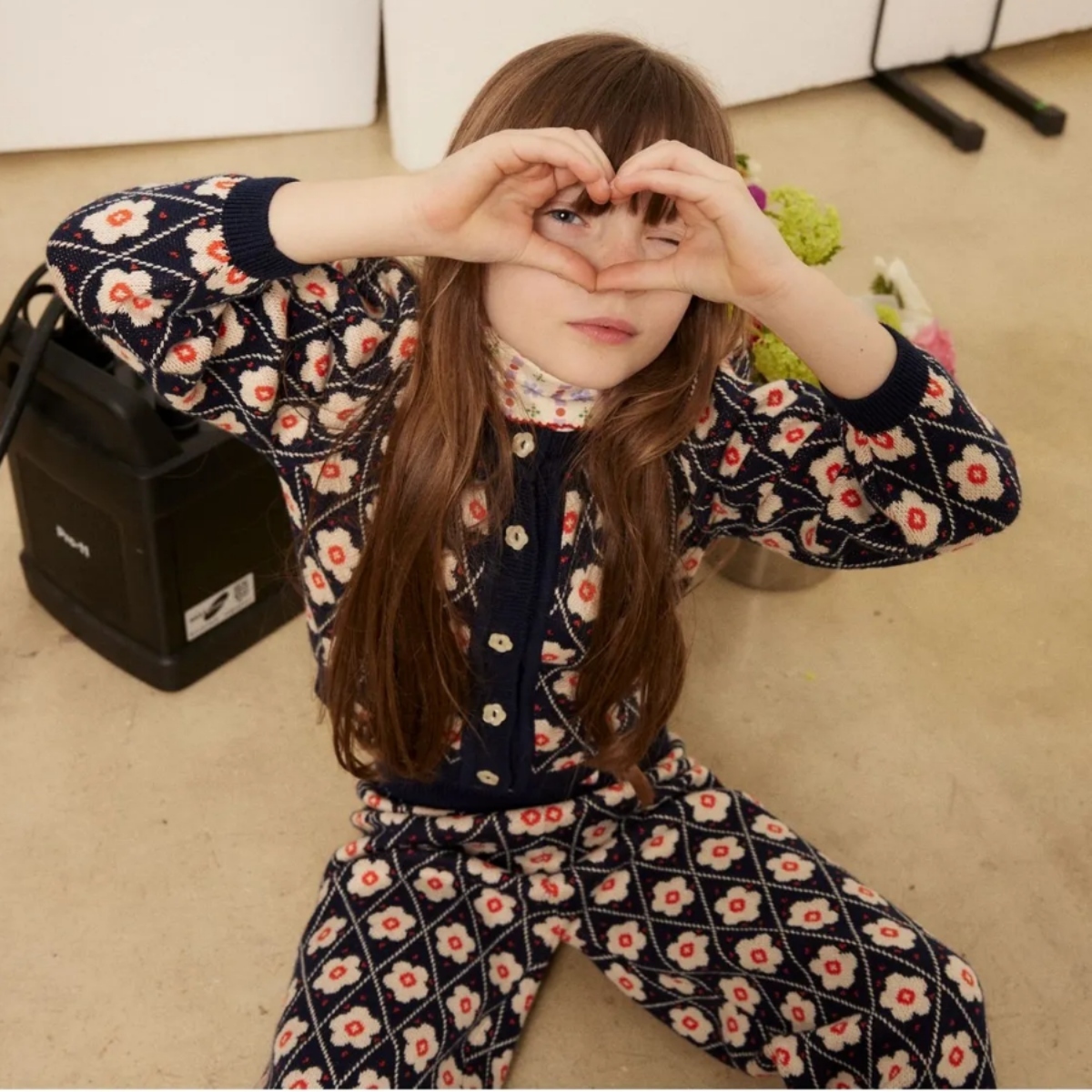 HELLO SIMONE 小花釦菱格紋針織長褲 Mathilda pants Navy Flower