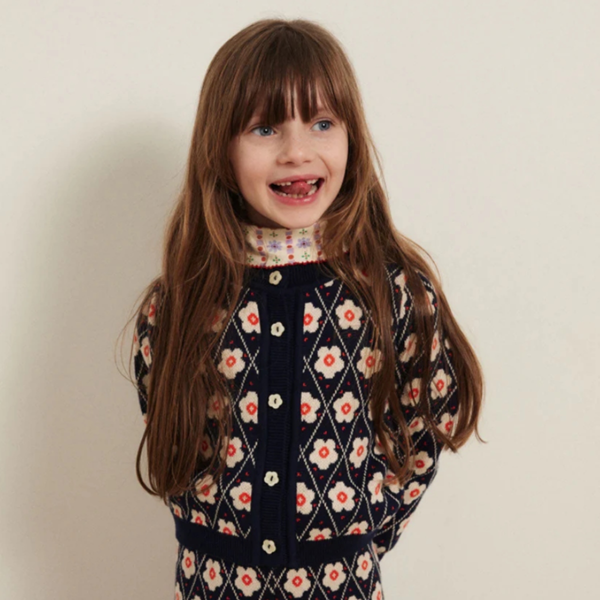 HELLO SIMONE 小花釦菱格紋針織開衫 Lison cardigan Navy Flower