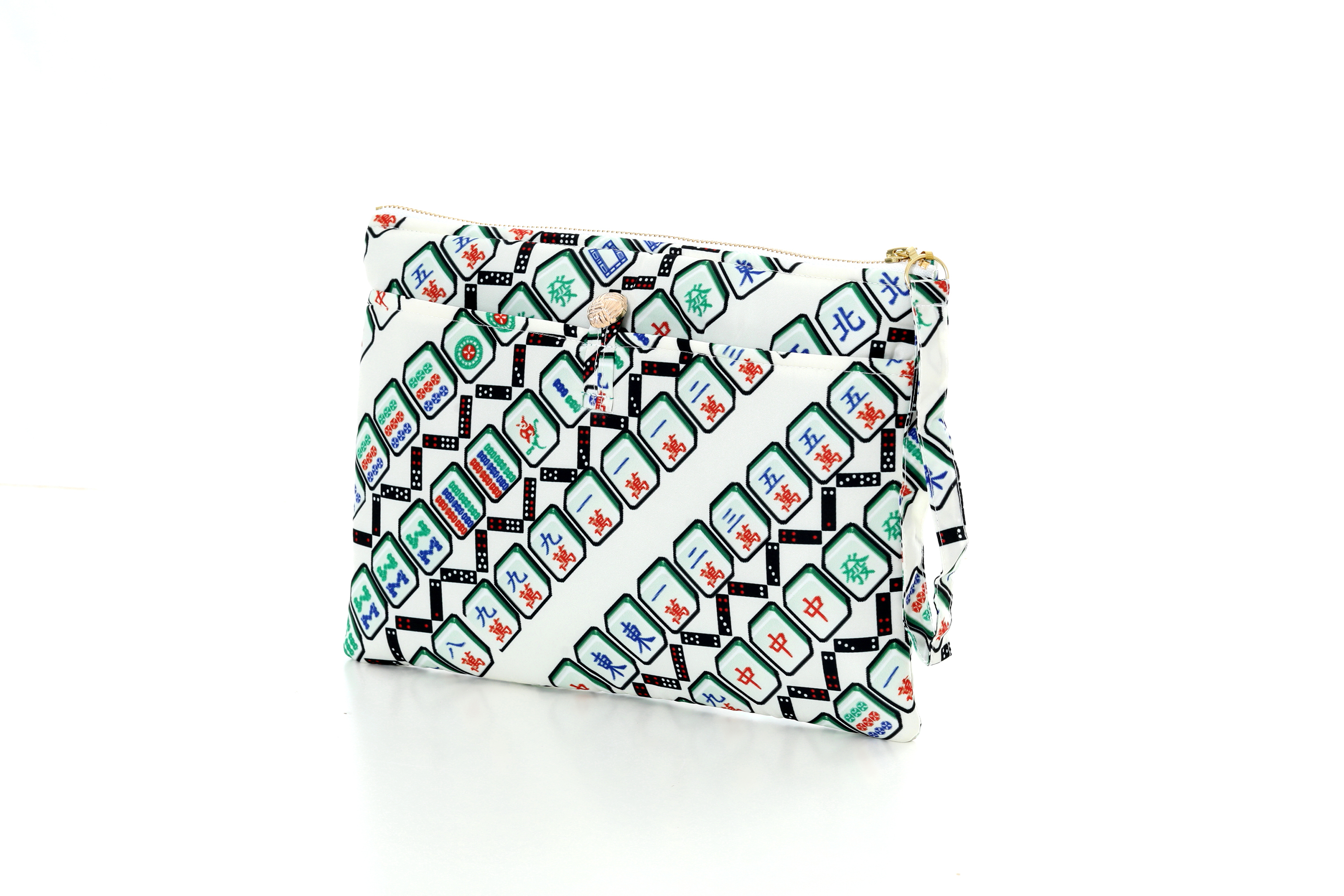 YI-MING posey 麻將印花夾棉手拿包(米色/綠色)