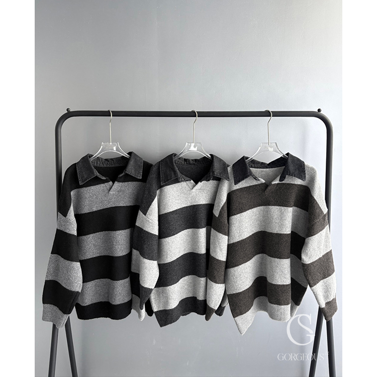 X26 「綿羊絨橫紋大翻領毛衣」