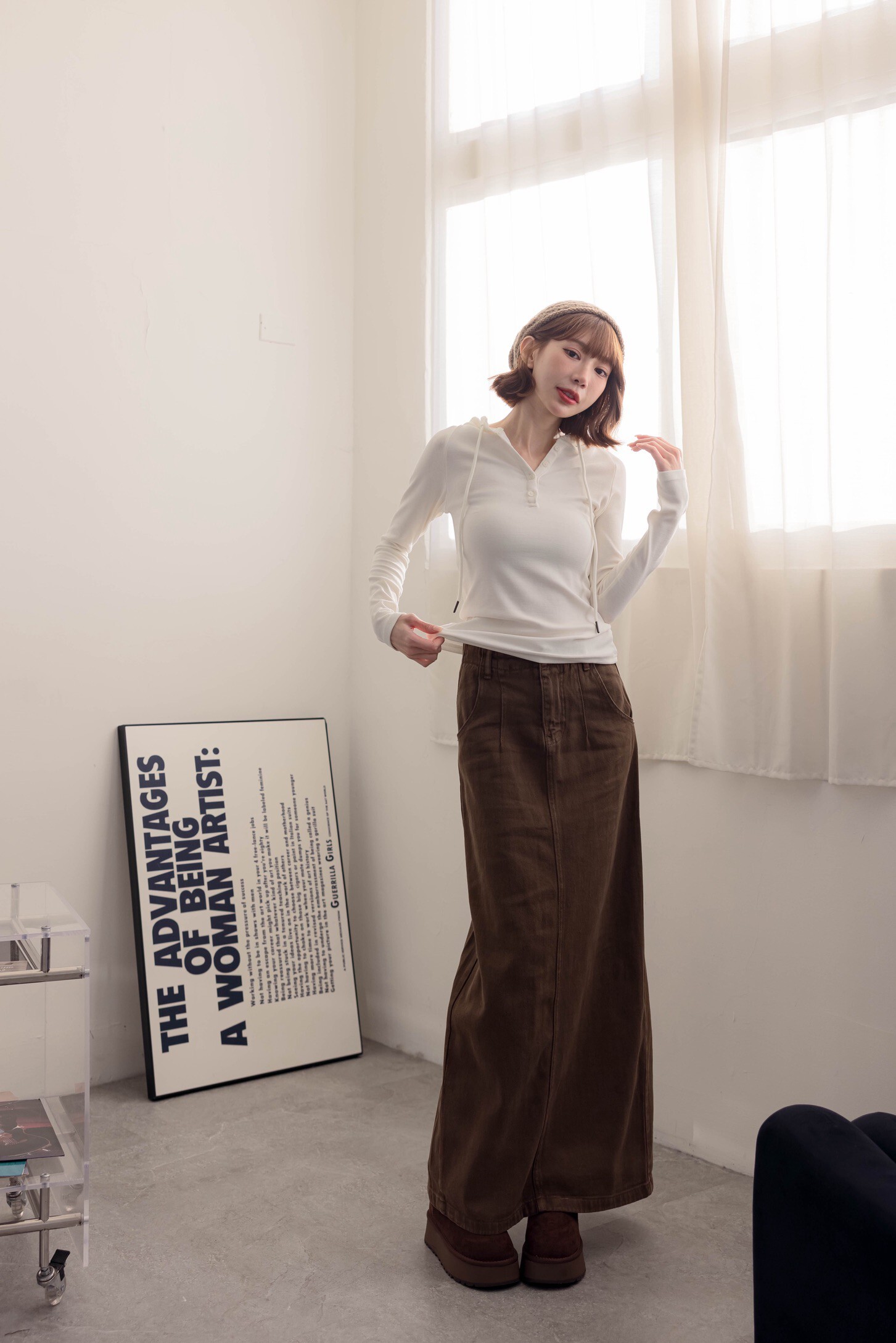 （現貨）#AG40 水洗車縫後開衩裙(淺灰/深咖)