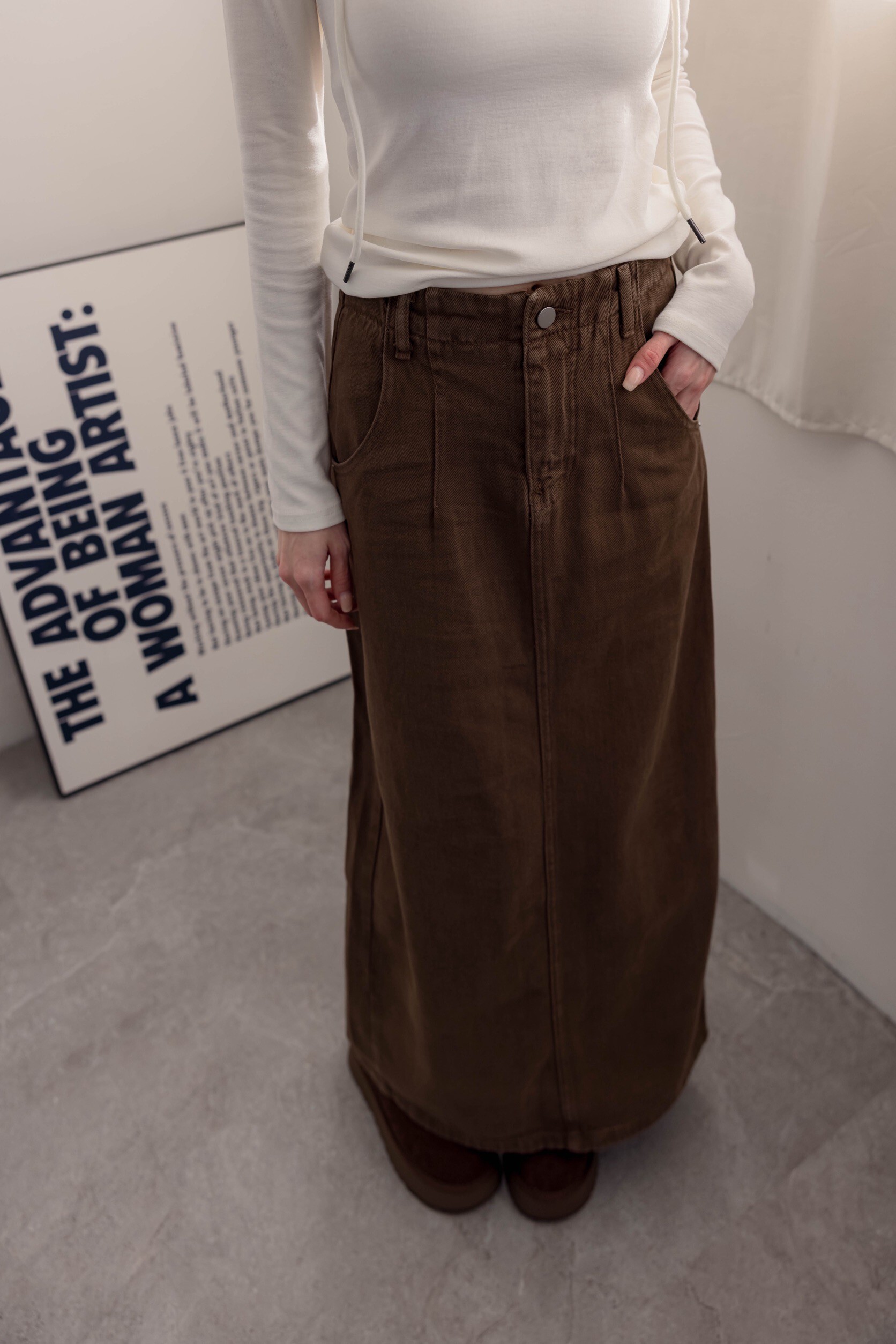 （現貨）#AG40 水洗車縫後開衩裙(淺灰/深咖)