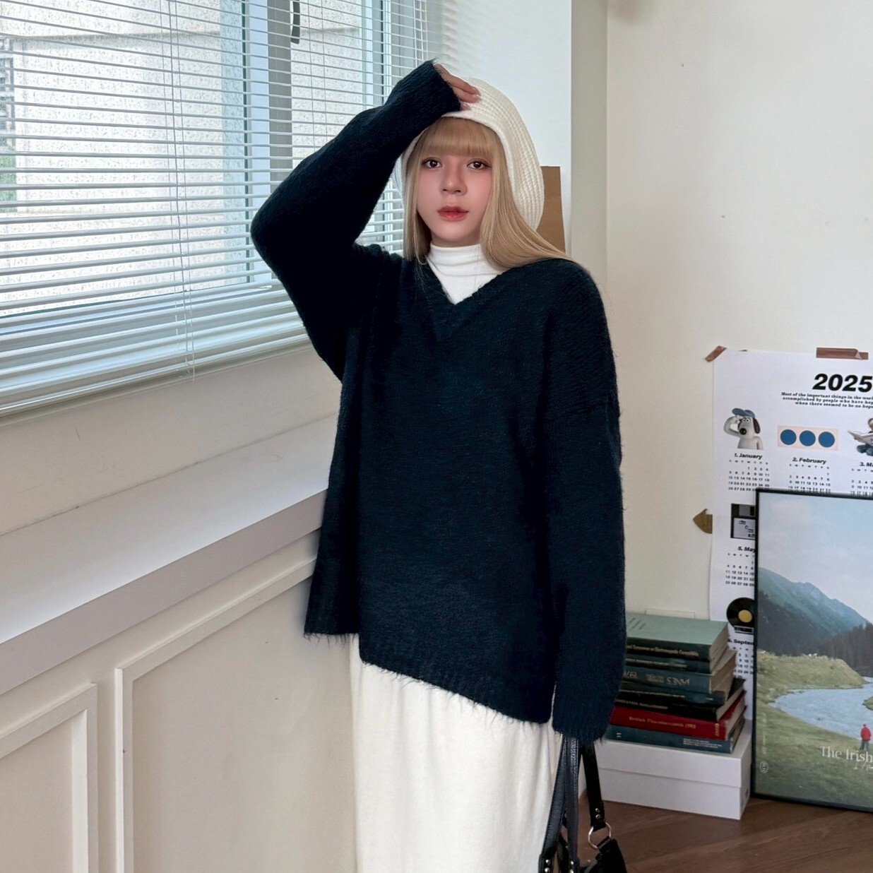 大人味雪糕ᯤ 素面V領羅紋毛衣