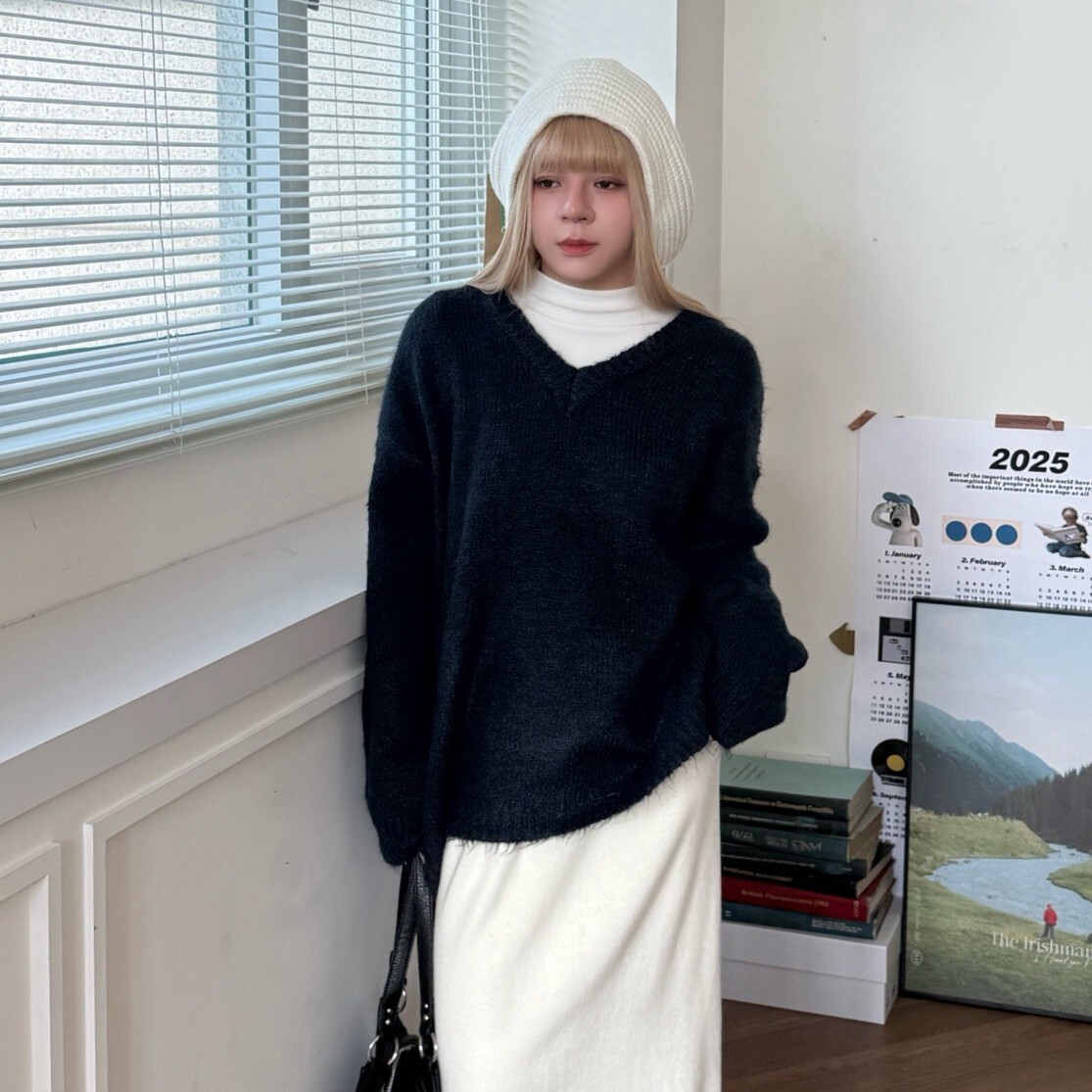 大人味雪糕ᯤ 素面V領羅紋毛衣