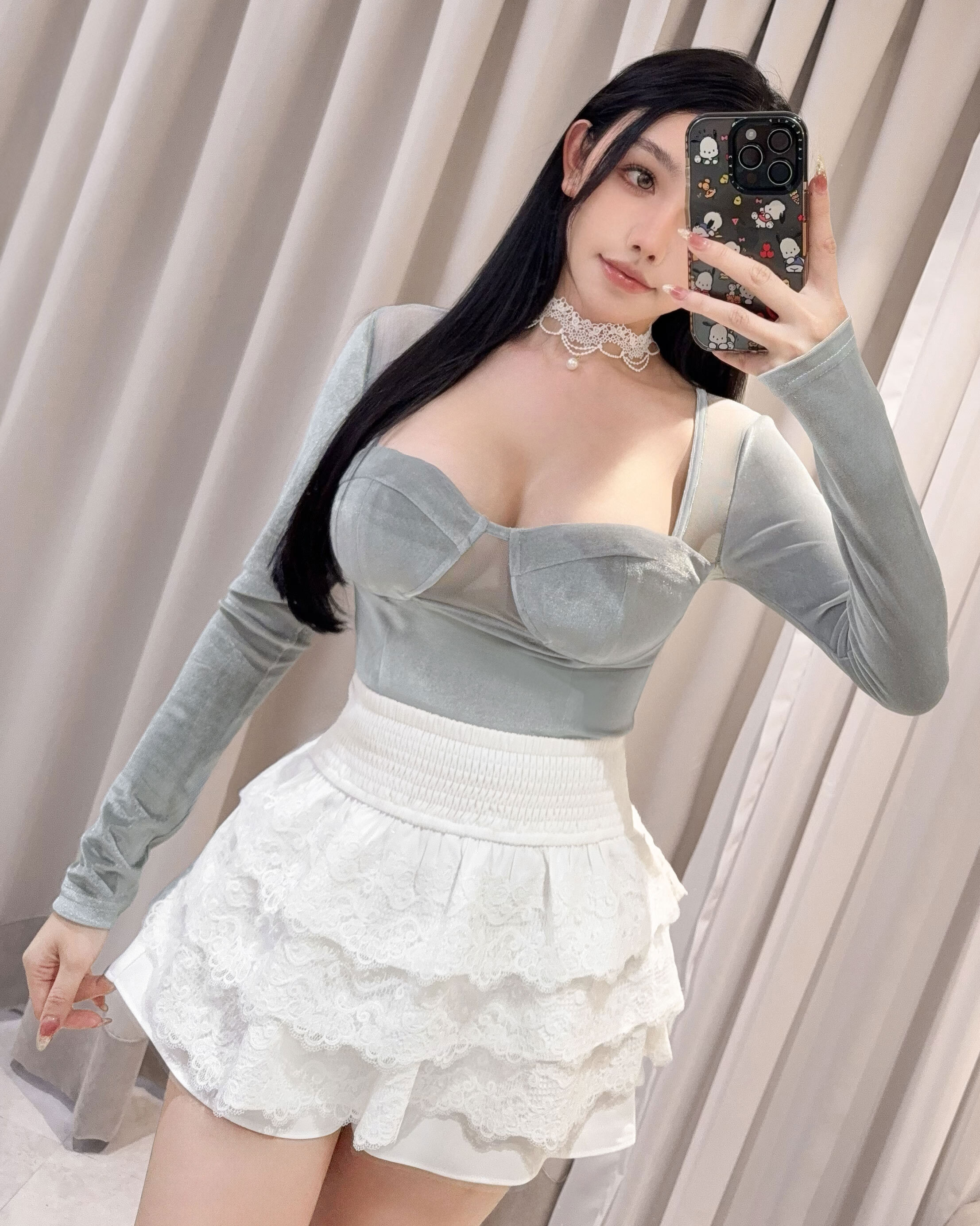 ⭒訂製-天鵝絨拼接網紗馬甲上衣