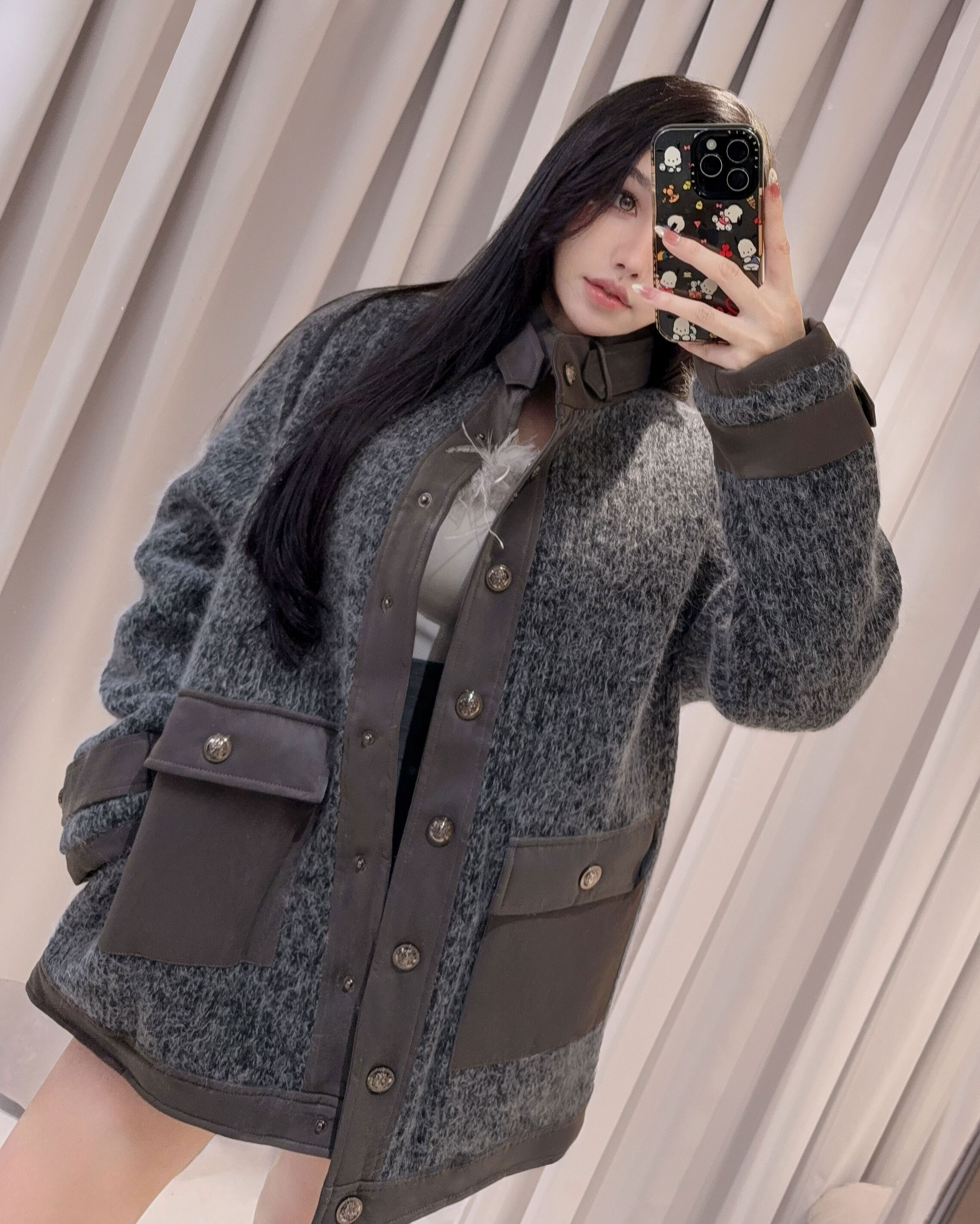 ⭒訂製-個性立領毛料皮拼接外套