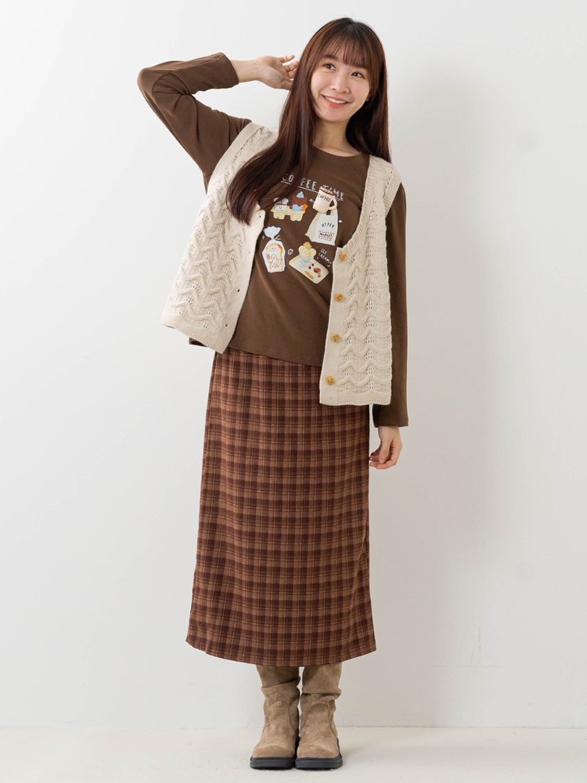 簍空背心磨毛大學T格紋後開衩長裙組合