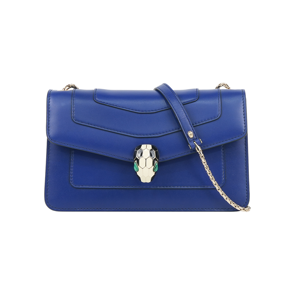 【BVLGARI】Serpenti Forever 琺瑯蛇頭小牛皮鍊包(皇家藍)