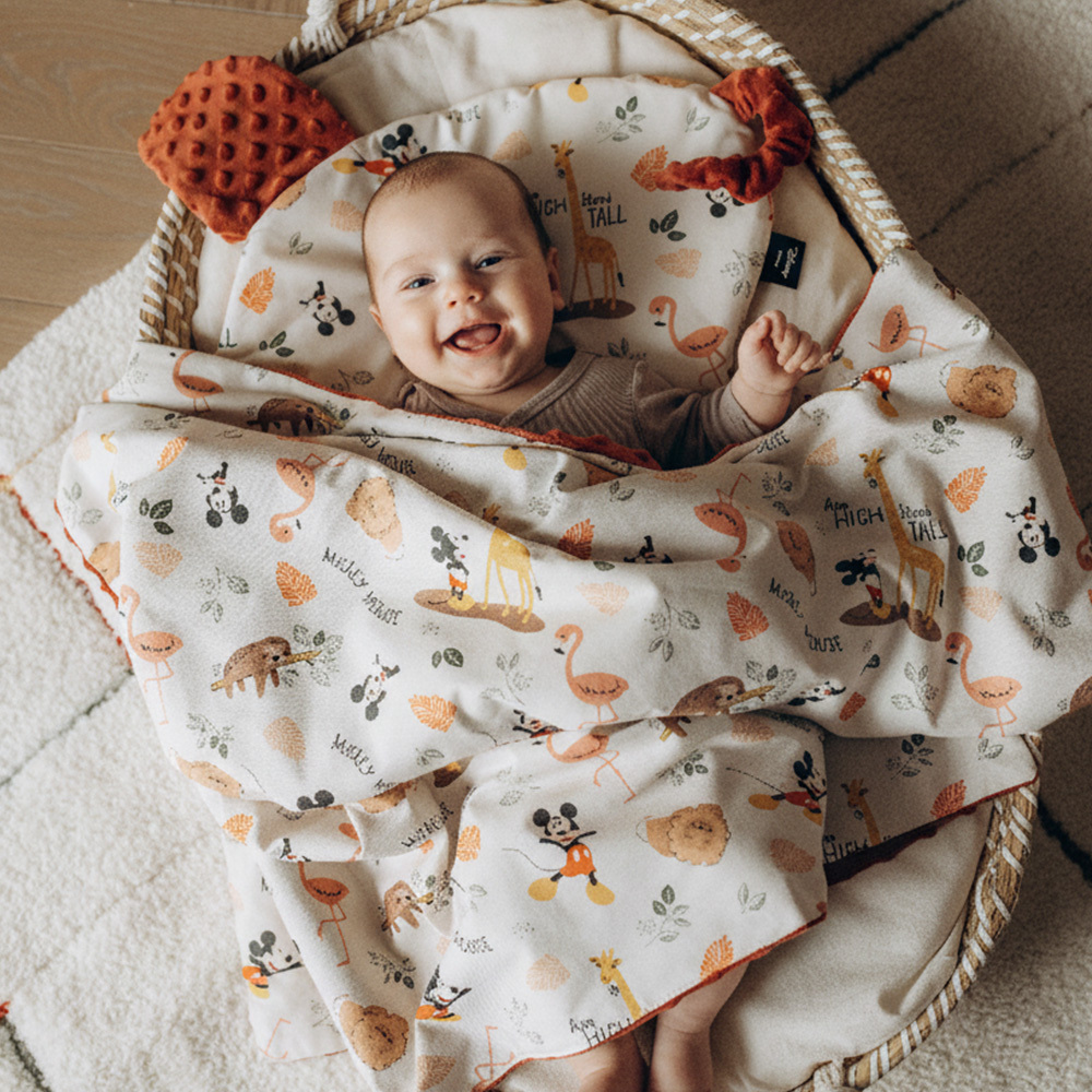 La Millou 單面巧柔豆豆毯｜米奇系列_動物園篇(奶油米底)｜奶油紅絲絨