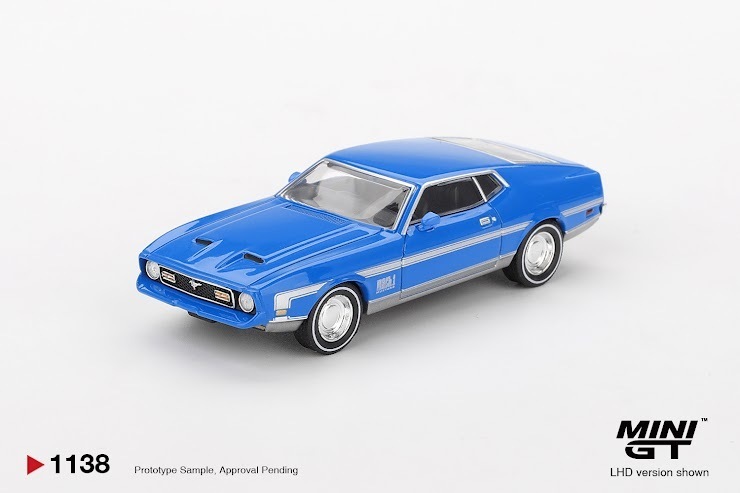 PO-$80 * MINI GT * 1:64 1138 Ford Mustang Mach 1 Grabber Blue LHD