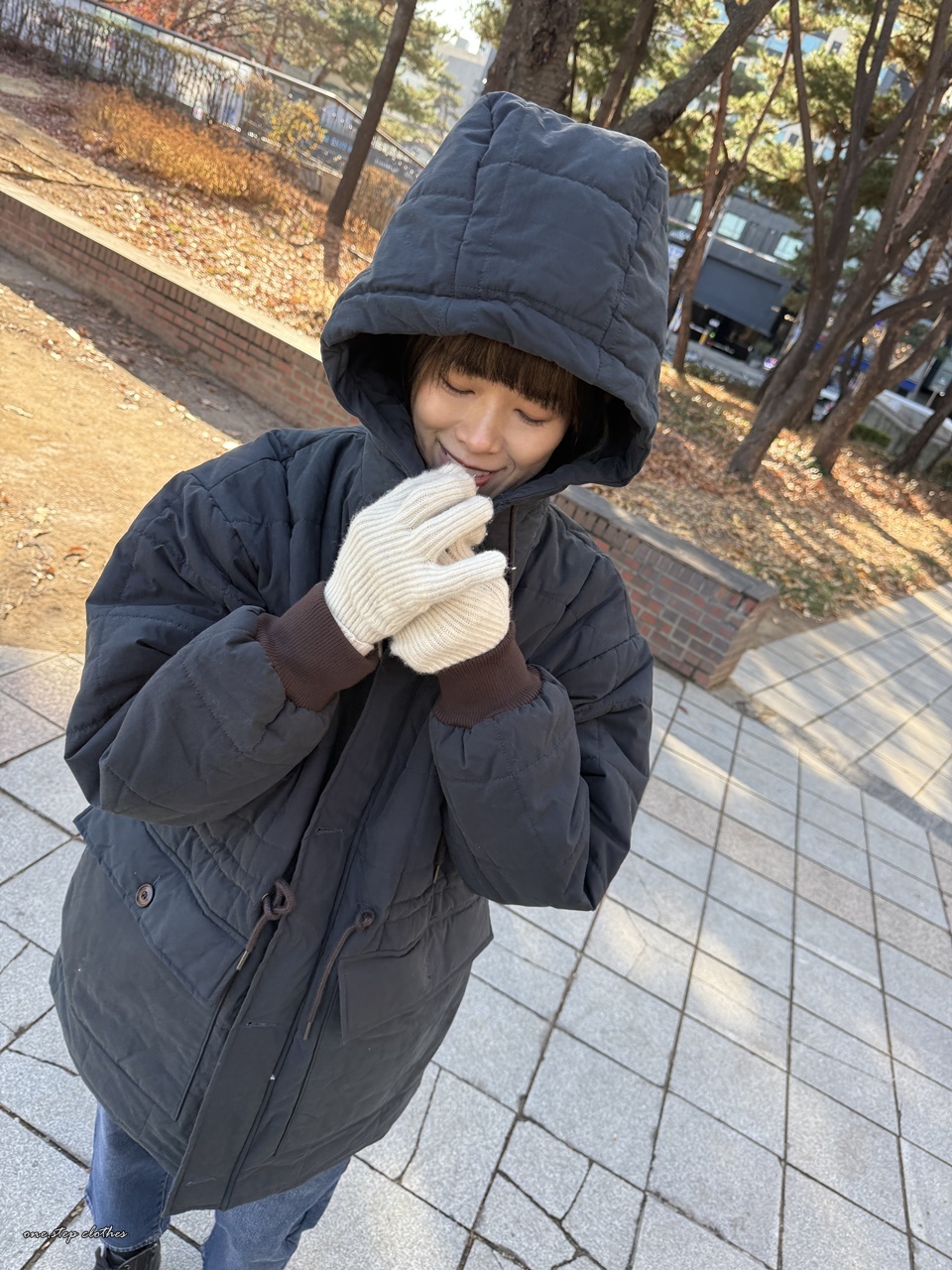 正韓霧面藍壓紋鋪棉縮腰外