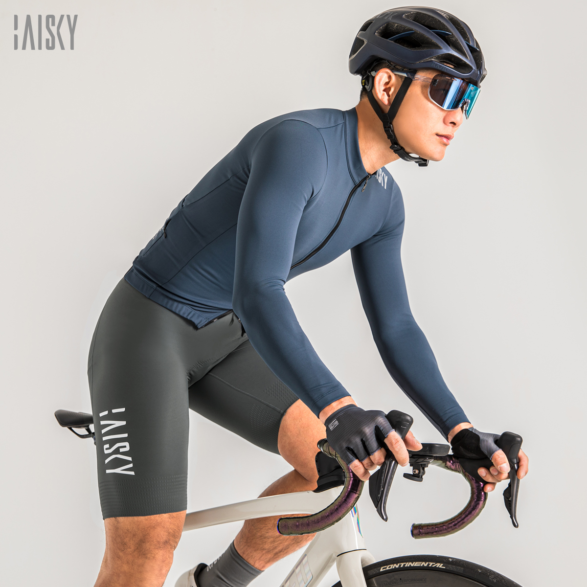 男款雙拉鍊抓絨長車衣 潔淨II 蔚藍