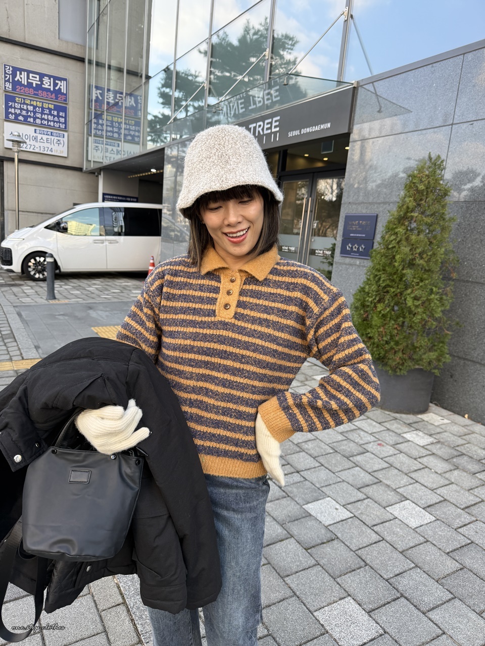 正韓俐落polo橫條毛衣 (橘咖)