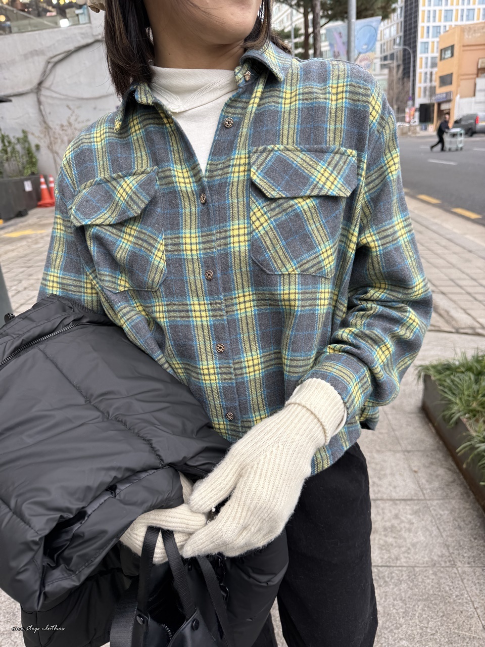 正韓美好冬日細緻釦格紋襯衫 (黃)