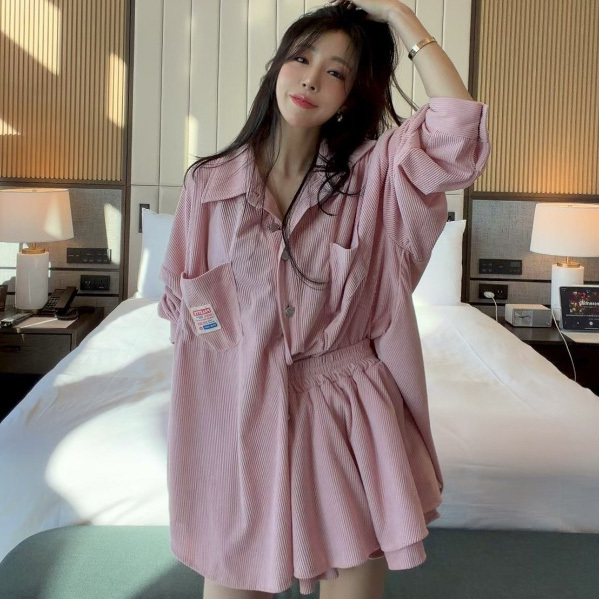 韓國 PALETTE太妍家 燈芯絨布標襯衫/短褲裙(共2色) 粉/咖