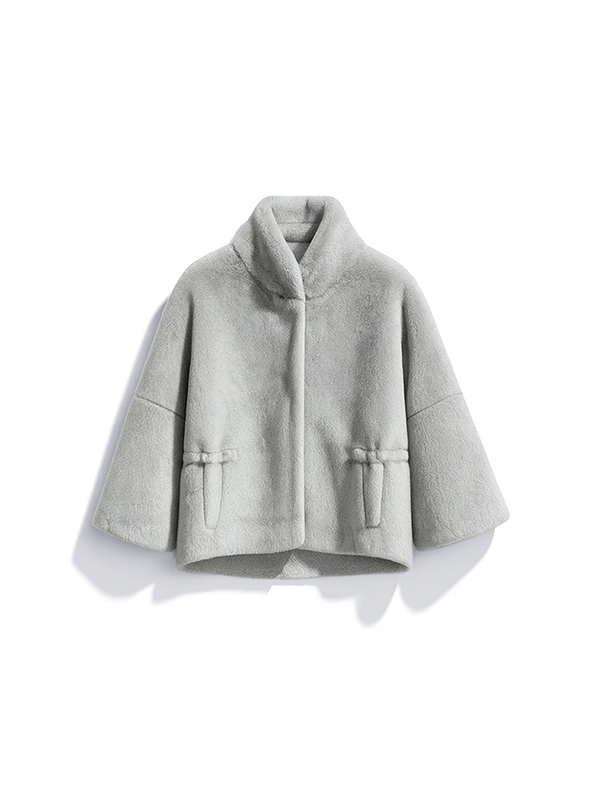 VALENTINI 立領抽繩皮草外套(淺灰)