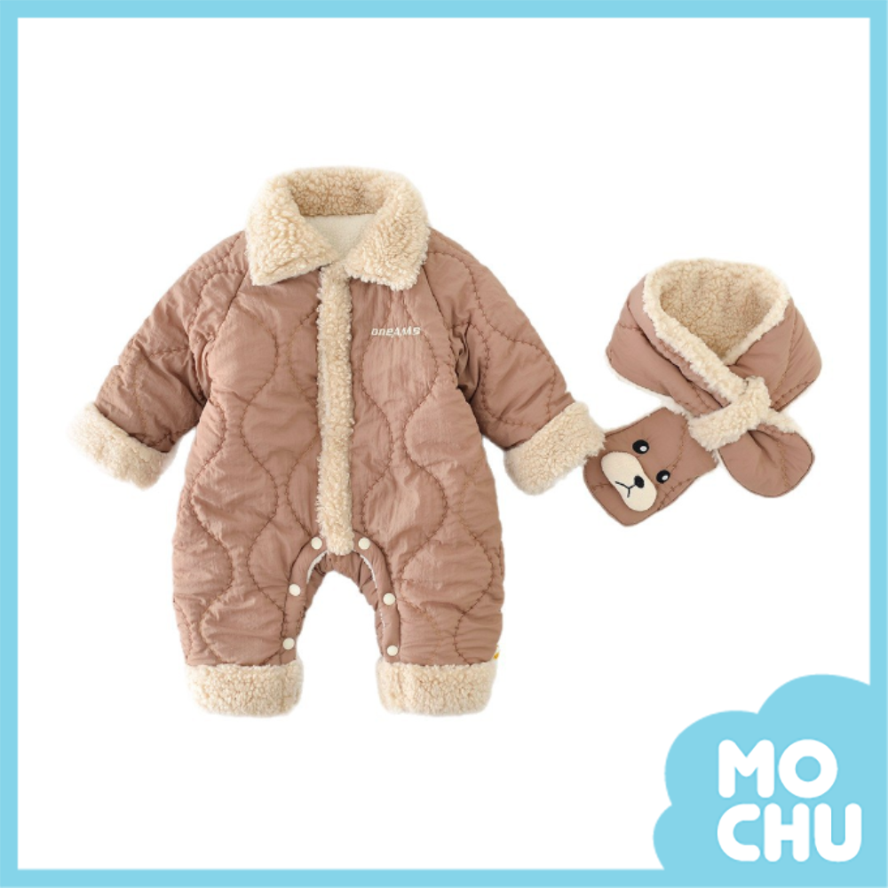 毛毛領絎縫加絨加厚連身衣(附圍巾)