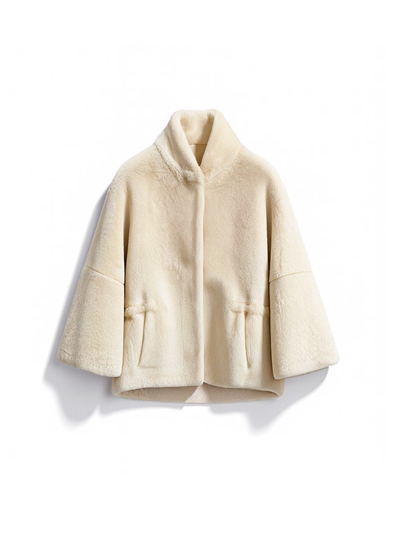 VALENTINI 立領抽繩皮草外套(沙色)