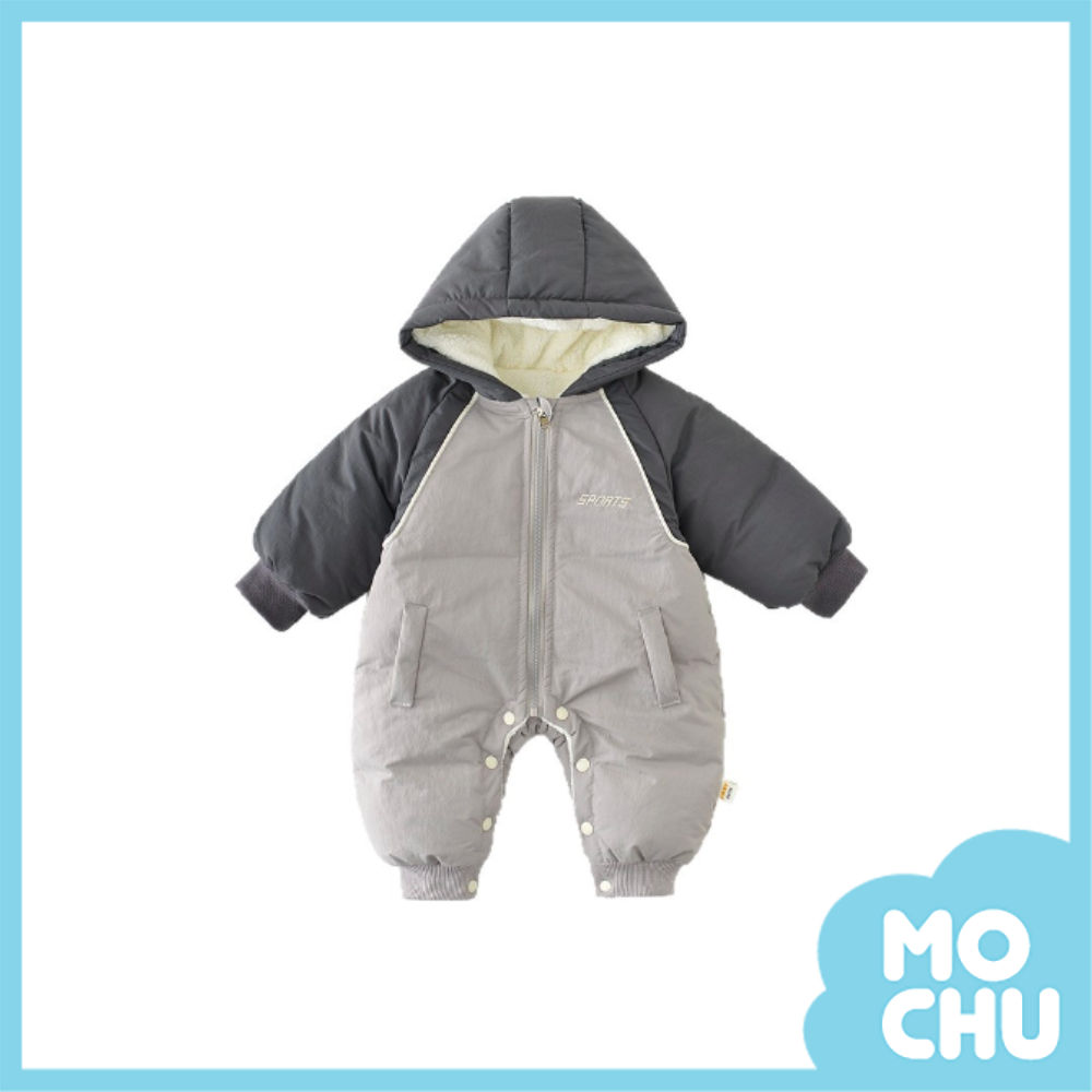 灰色拼接加絨連帽連身衣