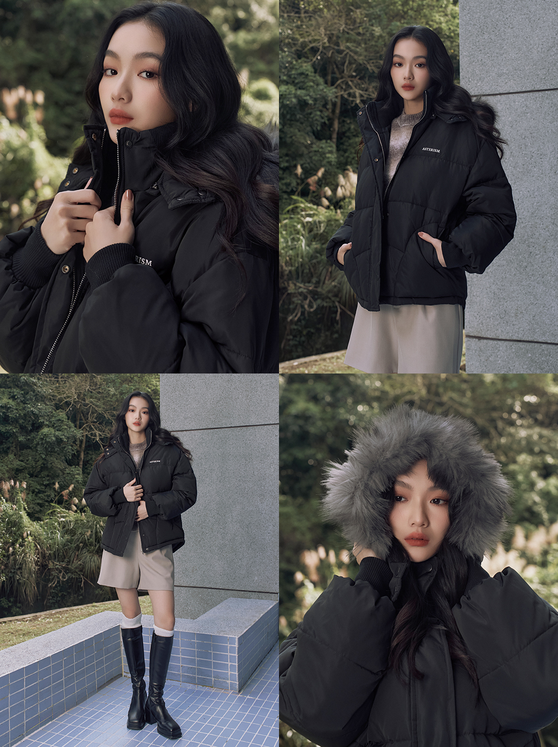 毛領拼色連帽外套