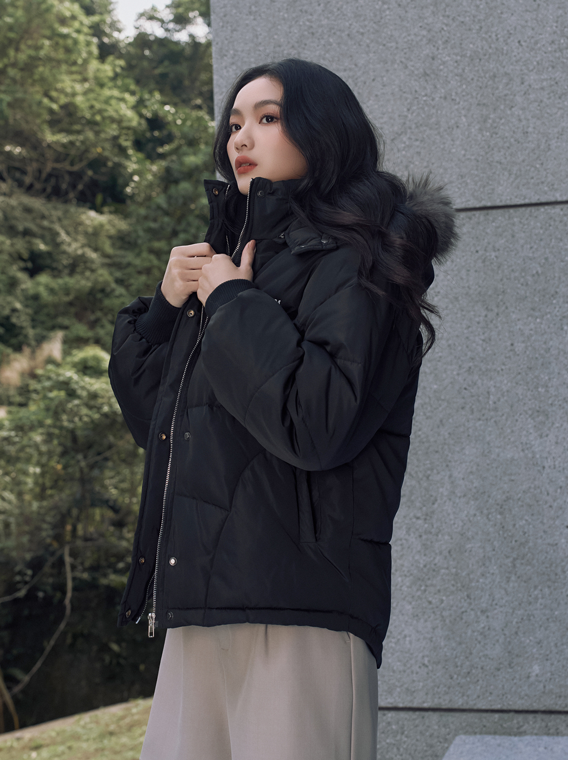 毛領拼色連帽外套