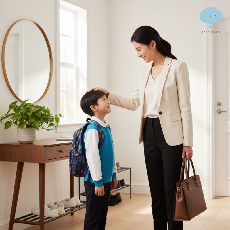 職業媽媽時間管理-穿著上班服裝的媽媽在玄關親吻孩子展現從容的工作家庭平衡