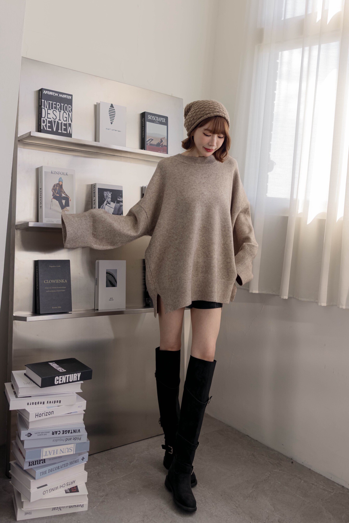 （現貨）#AG24 OVERSIZE側開岔針織上衣(白/粉/淺灰/卡其)