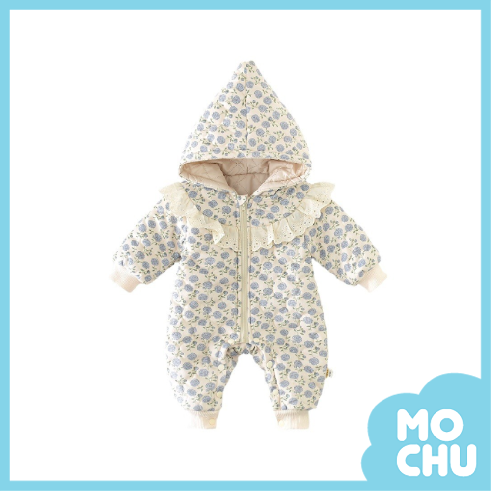 藍色小玫瑰絨面連帽連身衣