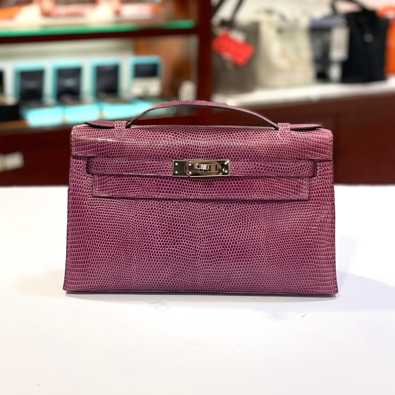 90%NEW二手Kelly Pochette M刻 紫羅蘭銀扣蜥蜴皮 96/Violet Phw Lizard Skin #Mini Kelly一代 #香榭站正品