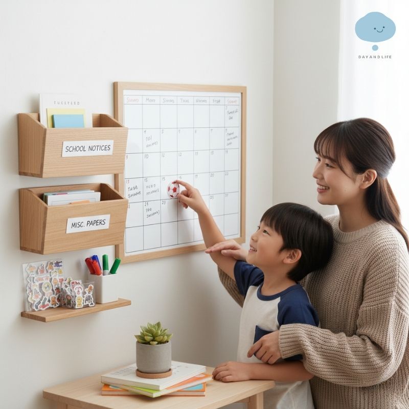 職業媽媽生活收納-溫馨的家庭指揮中心白板行事曆媽媽引導孩子使用收納盒