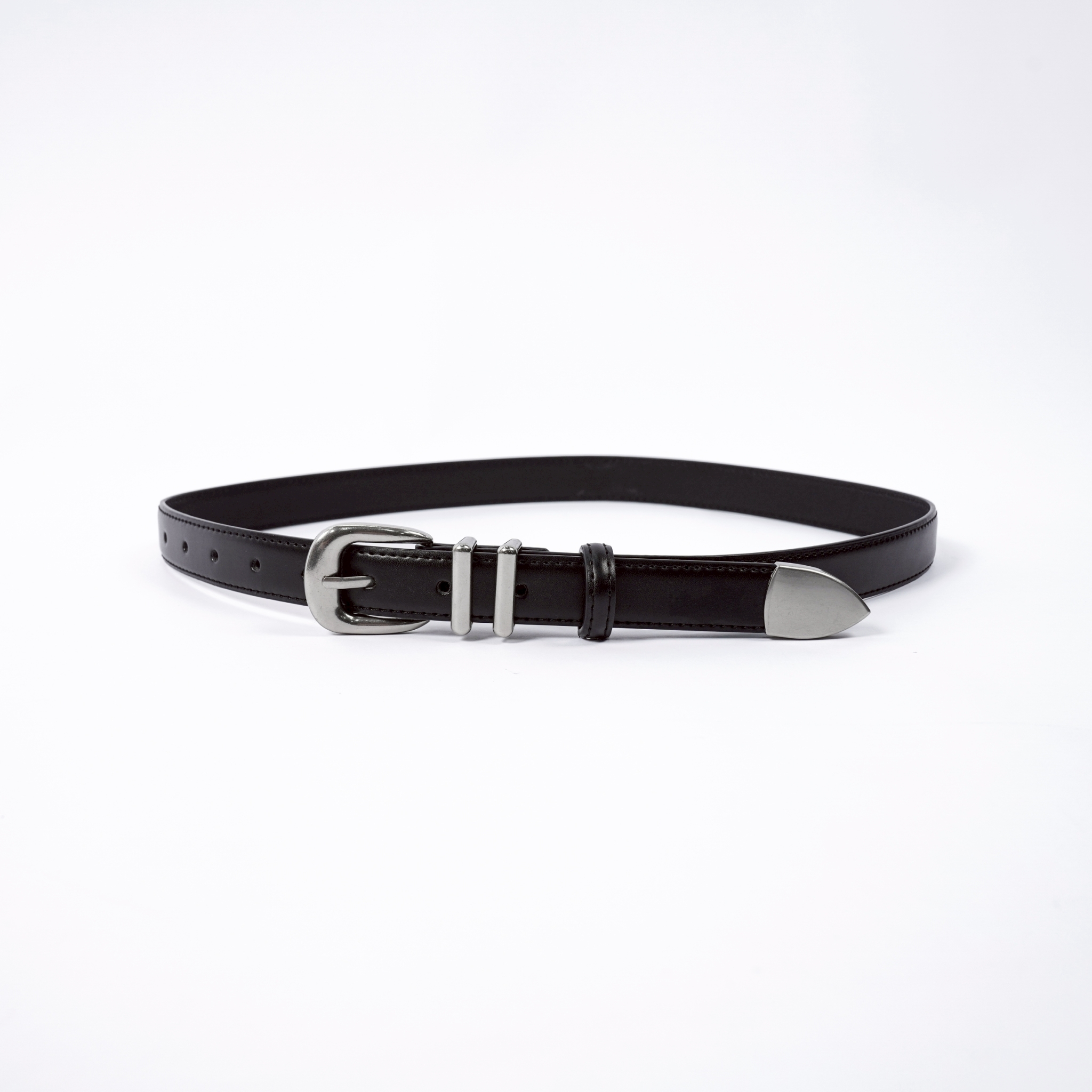 SBG 霧銀雙環真皮窄版皮帶 B0147