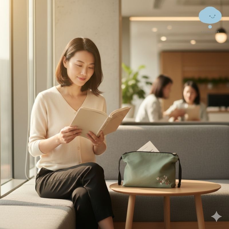 上班族媽媽時間管理-在辦公室窗邊從理理liil多功能收納包中拿出書本享受午休時光