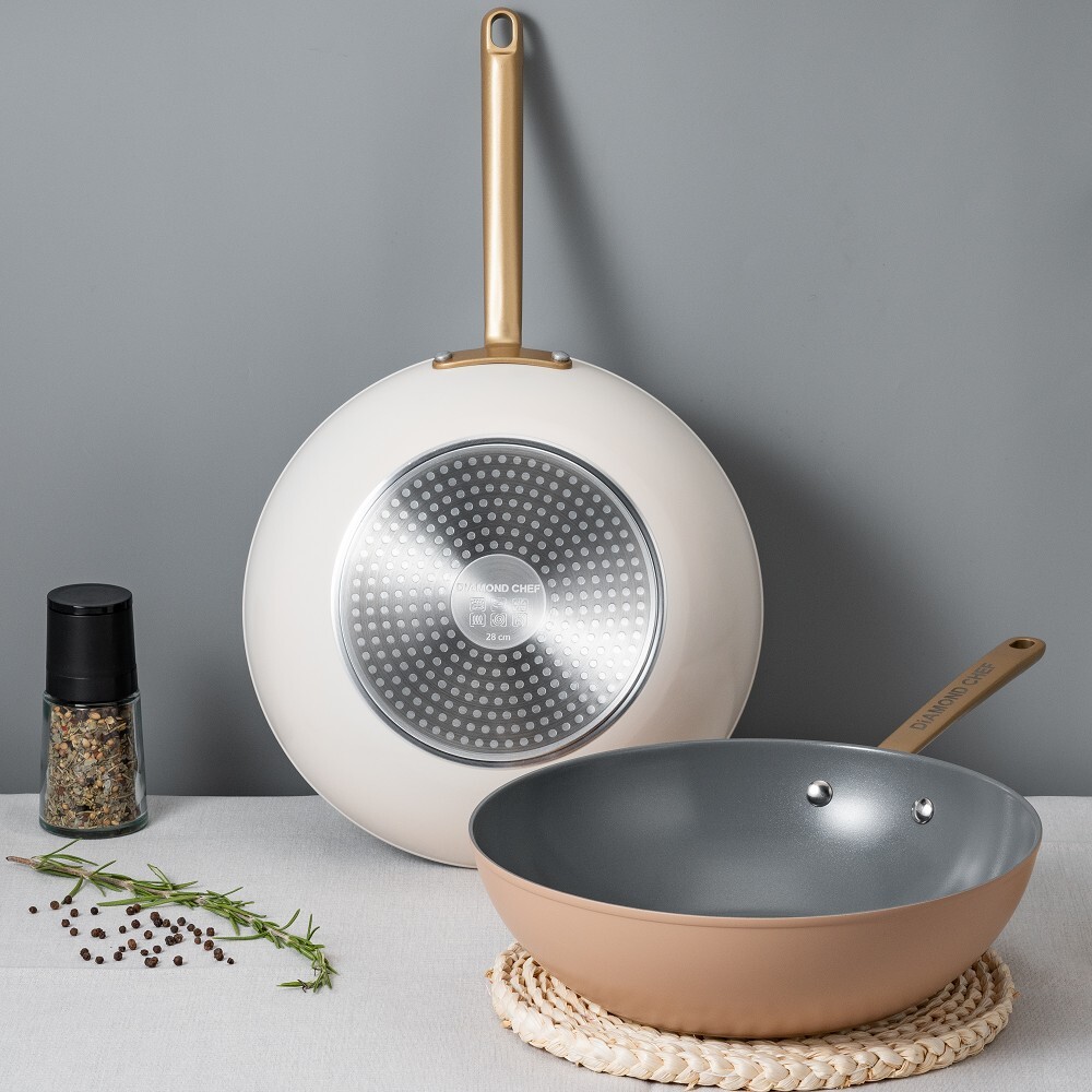 火山熔岩不沾炒鍋 28cm (奶茶色/米白色) IH爐可用