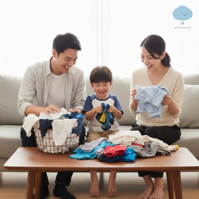 工作家庭平衡-一家人在客廳開心地一起摺衣服展現良好的家務分工