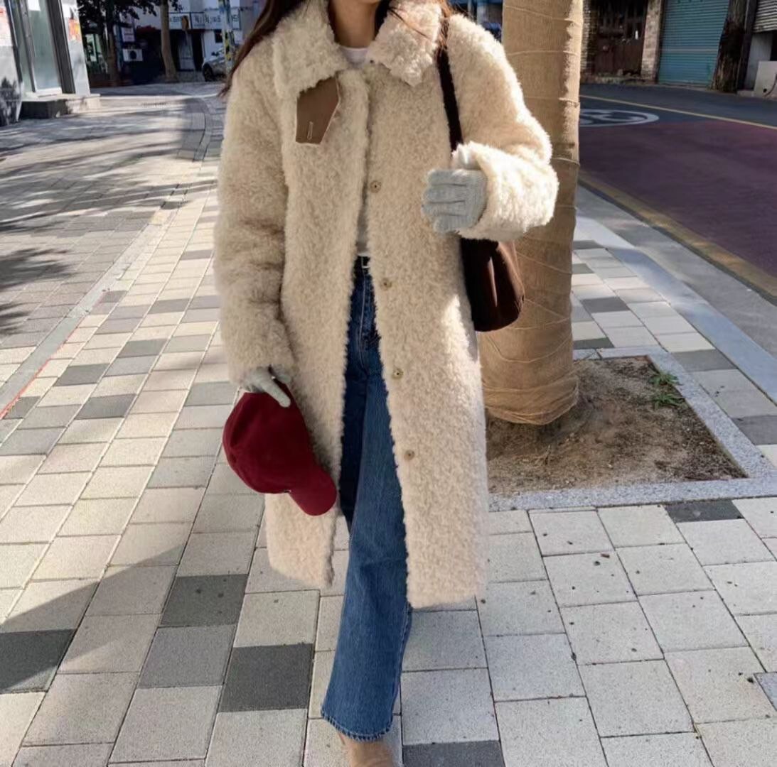 奶油色系泰迪QQ捲捲毛排釦翻領大衣外套