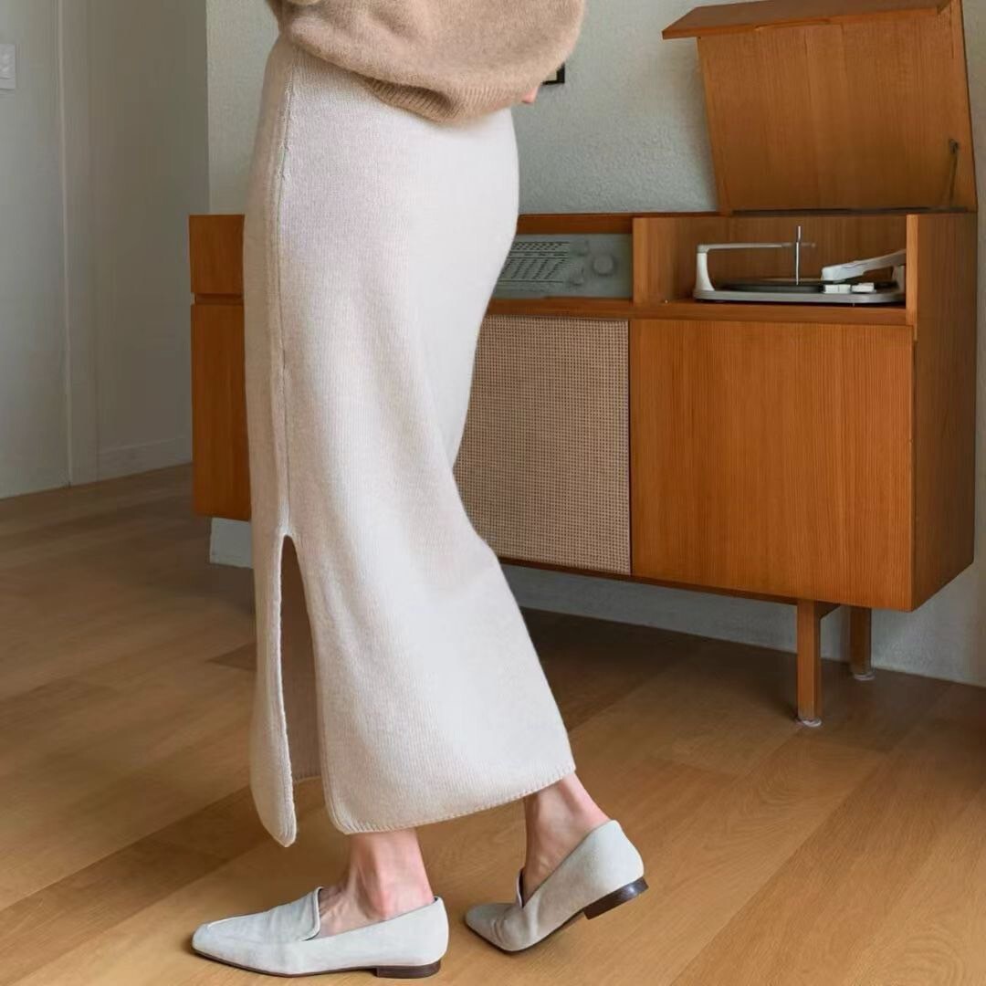 鬆緊腰彈力側開衩造型鉛筆裙針織裙-F / 2色