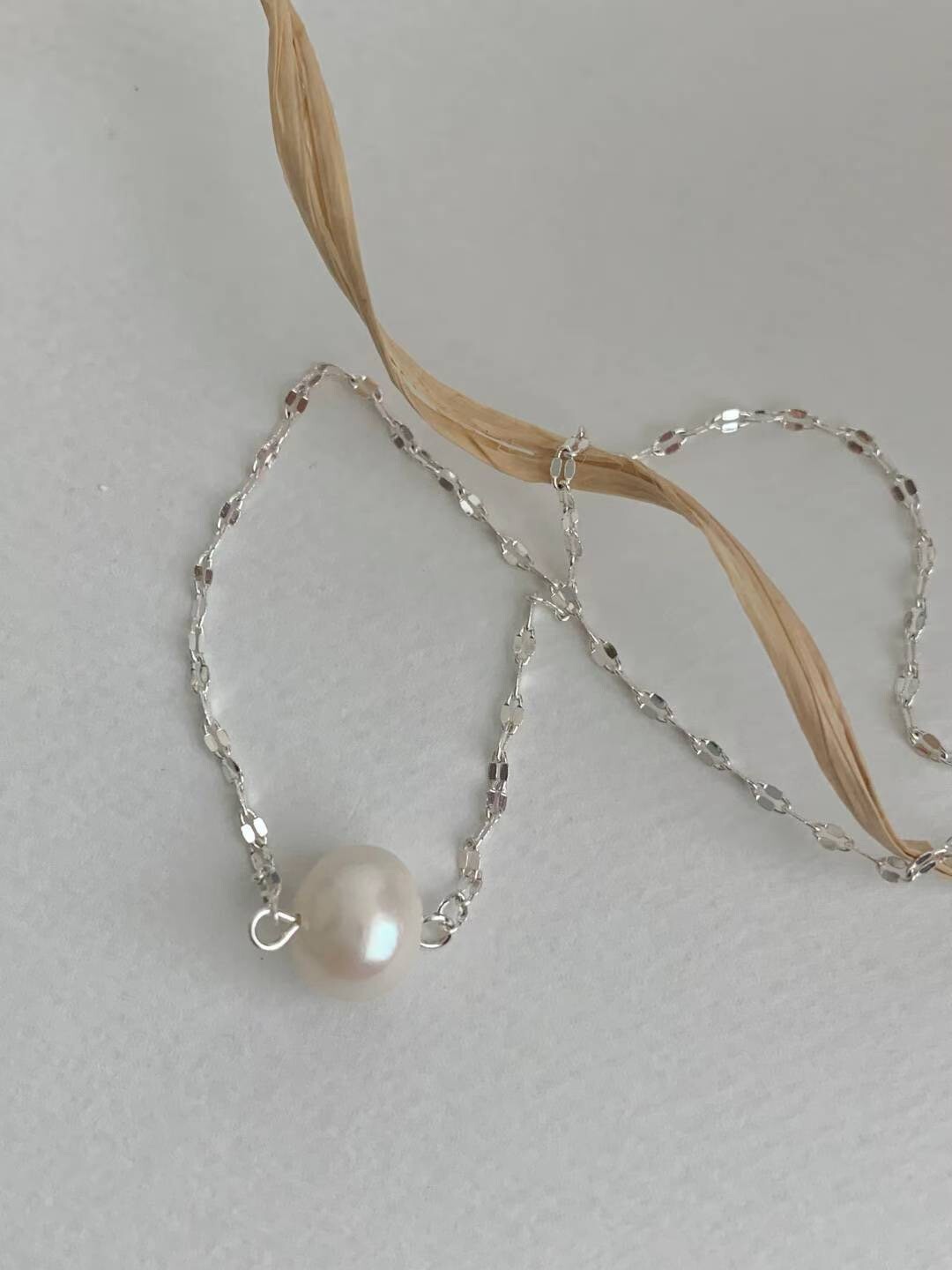 質感銀閃閃鏈條單顆珍珠項鍊