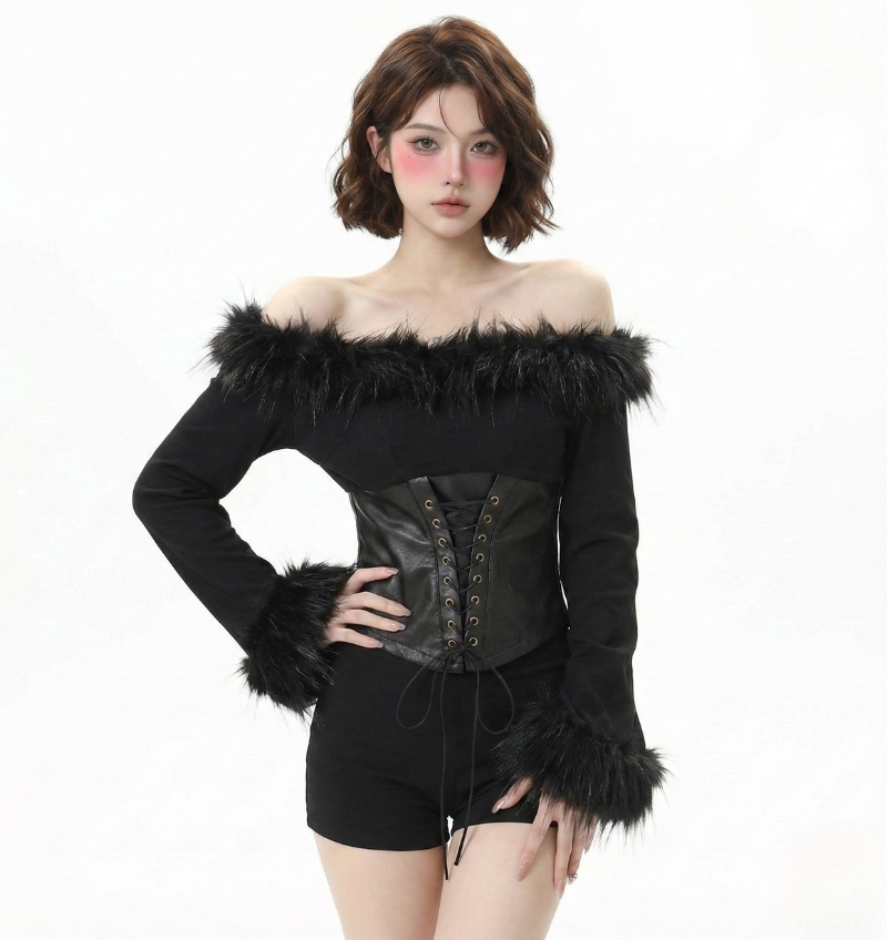 拚皮綁繩毛毛一字衫(正反可穿)