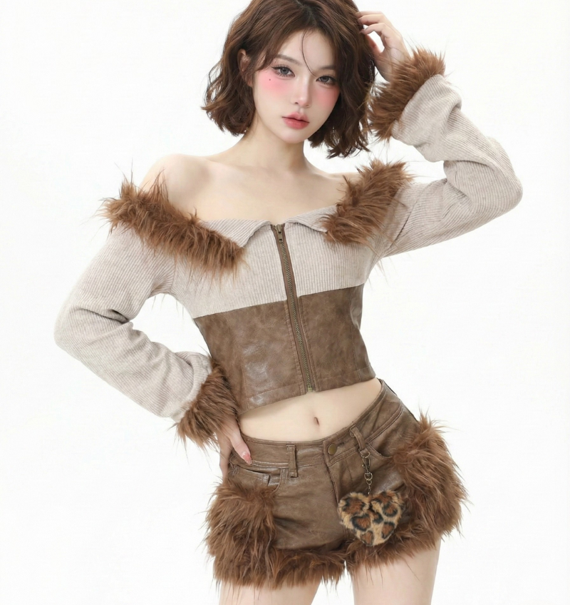 拚皮綁繩毛毛一字衫(正反可穿)