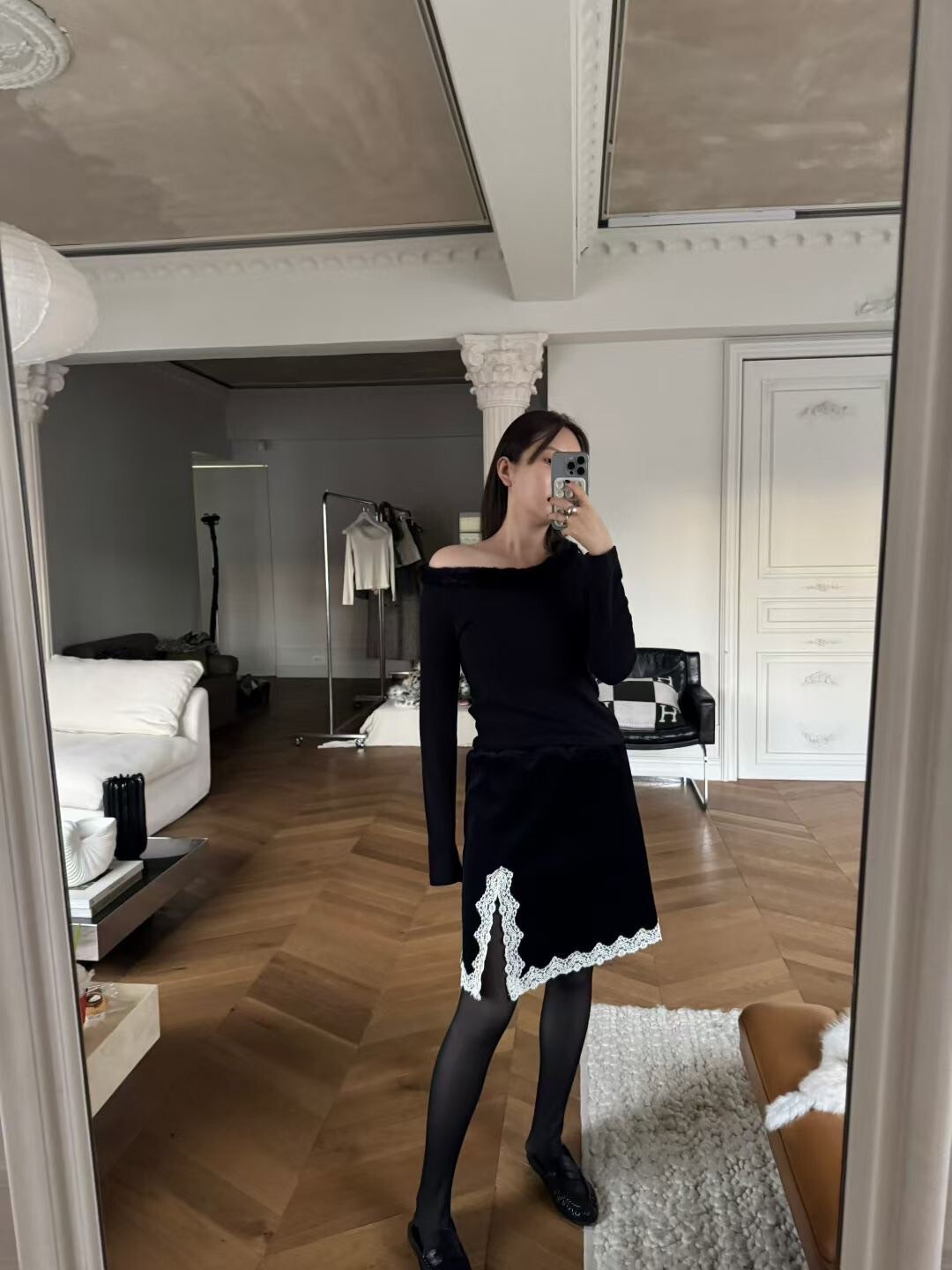 鬆緊腰側開衩配色蕾絲滾邊造型短裙-F / 2色