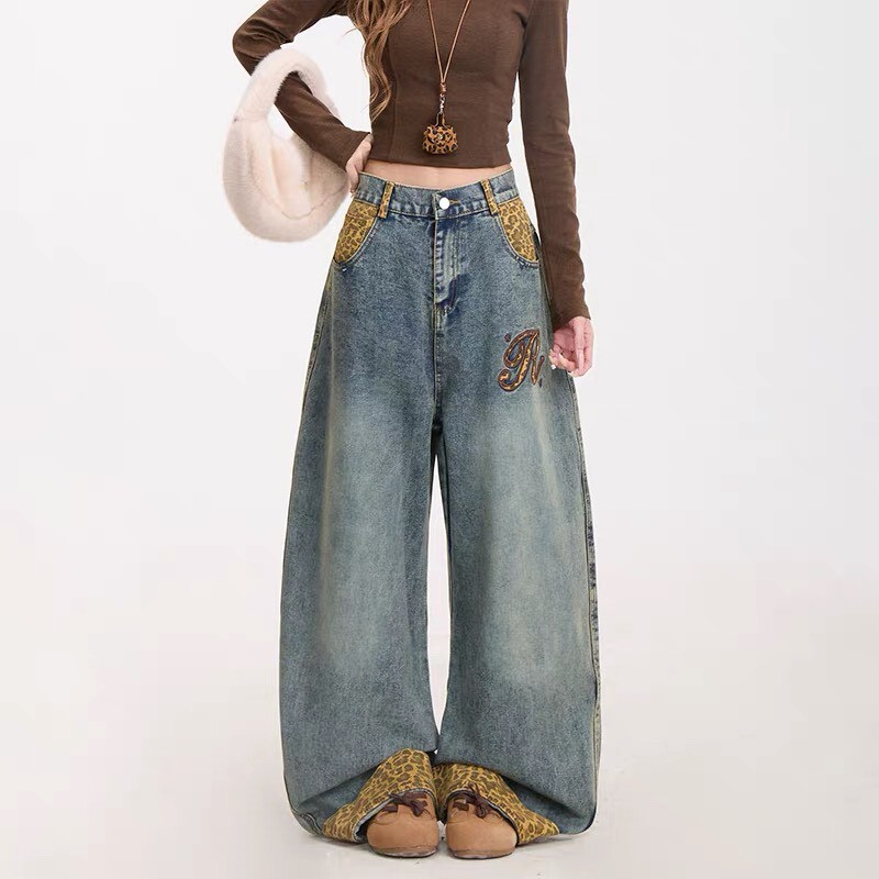 拚豹紋牛仔長褲